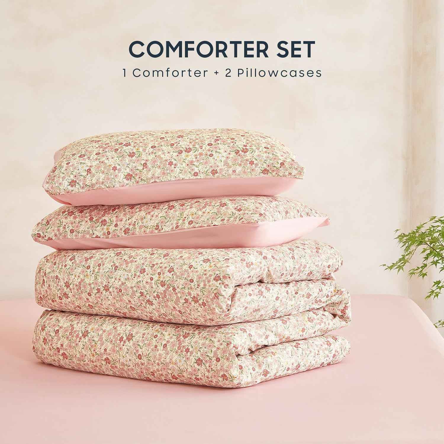 Wake In Cloud - Floral Comforter Set, Cute Vintage Flower Cottagecore Aesthetic for Women Teen Girls, Soft Lightweight Dorm Bedding, 3 Pieces, Cream Pink, Full Size