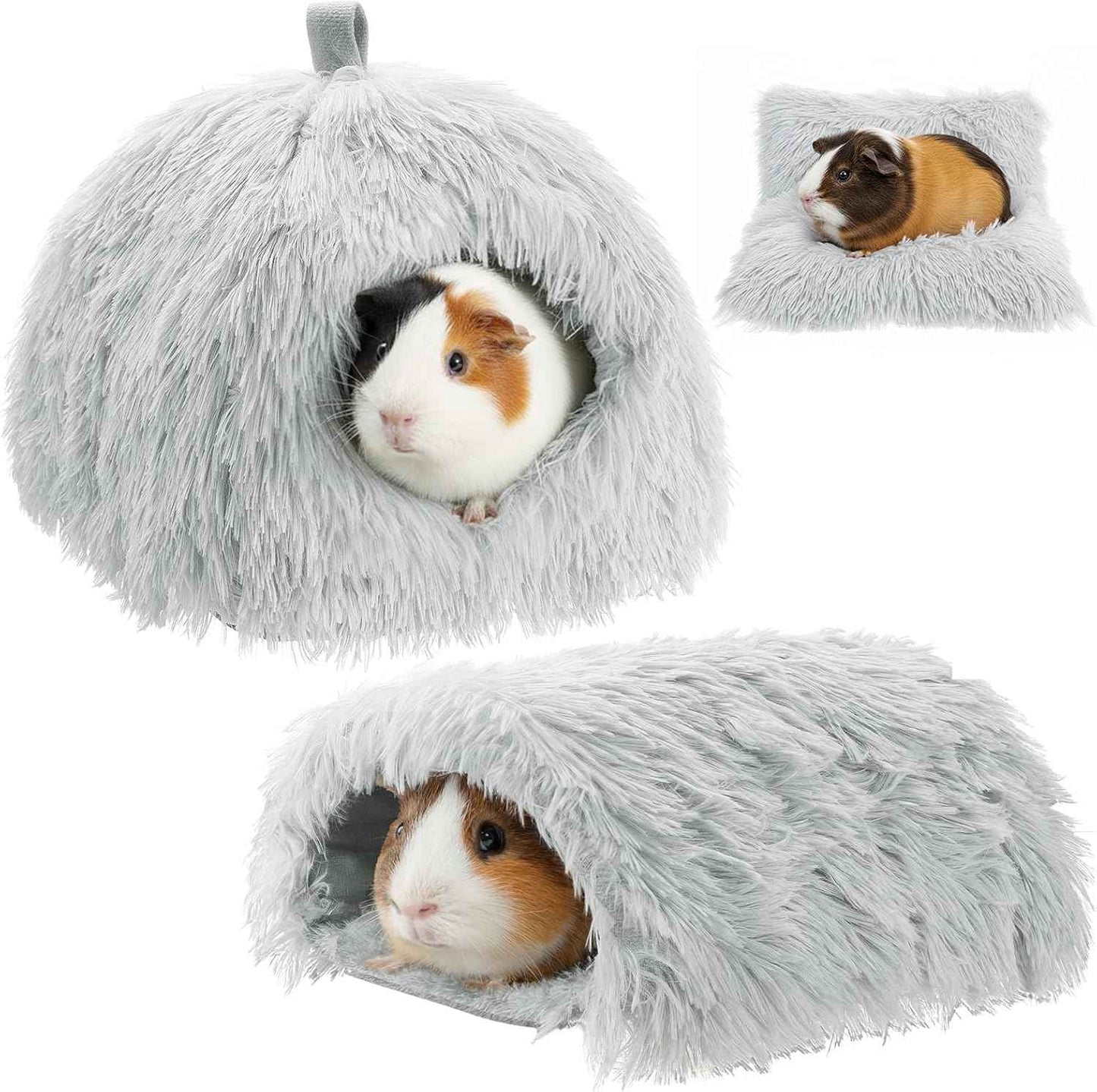 2 Pack Guinea Pig Hideout Bed with Tunnel, Large Soft Plush Cozy House, Washable Hideaway for Guinea Pigs and Small Animals(Style 1)