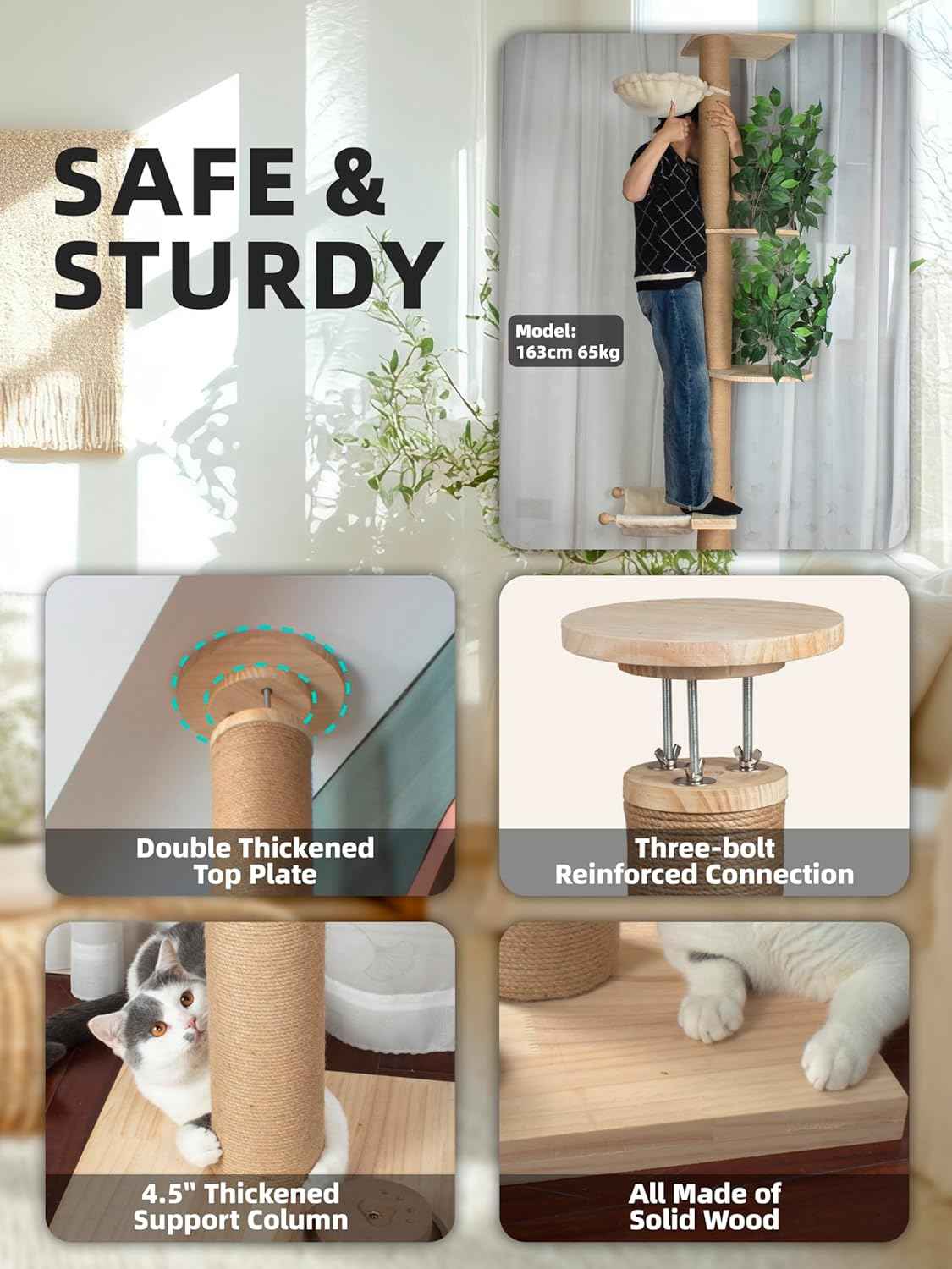 Fantasreen Cat Tree Floor to Ceiling Cat Tower Ajustable Height 97.1-124.4 Inches Tall and 4.5 Inches Thickened Post Large Cat Tree Tower for Indoor Cats Modern