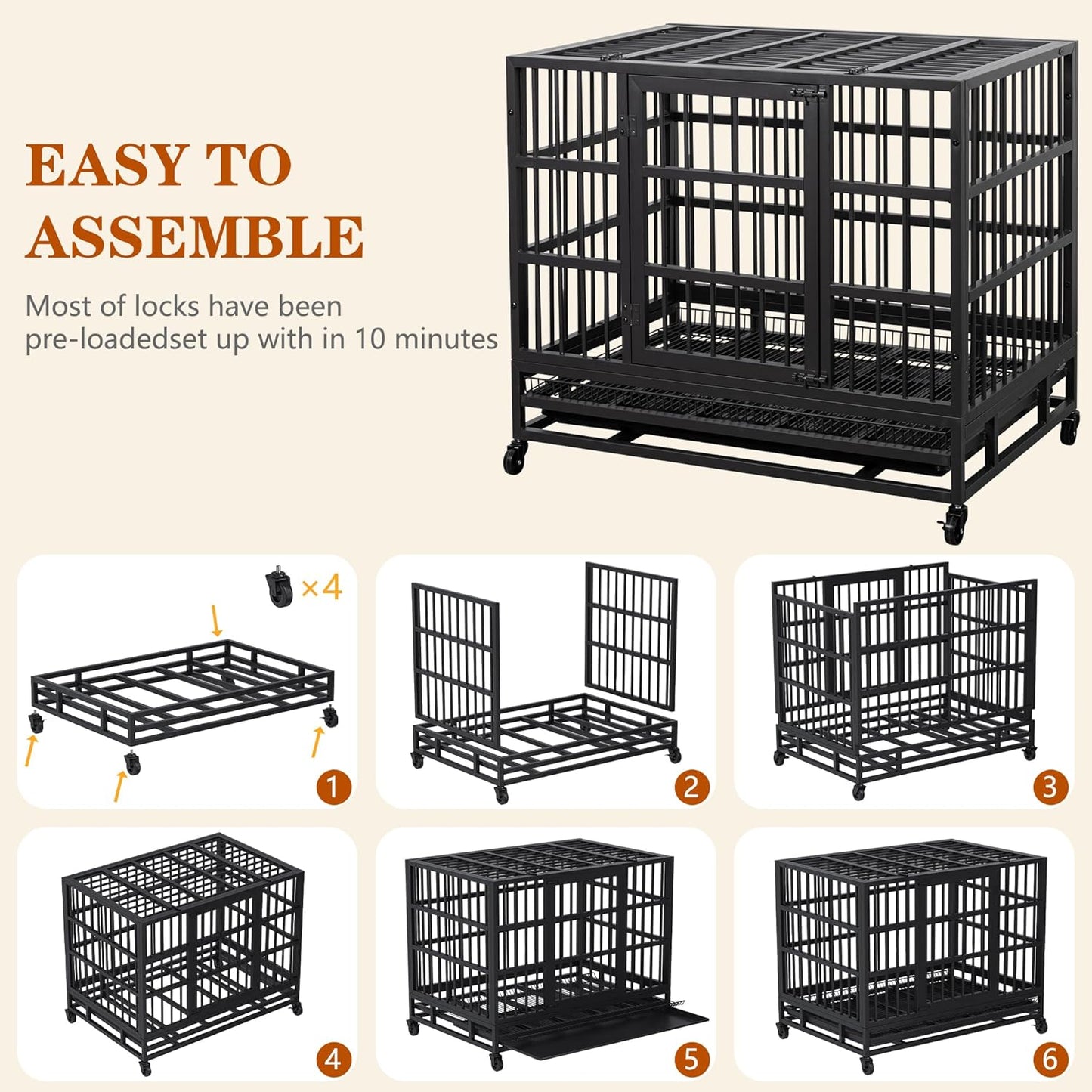 Vongrasig 38 Inch Heavy Duty Indestructible Dog Crate, Escape Proof Dog Cage Kennel with Lockable Wheels,High Anxiety Double Door Dog Cage,Extra Large XL XXL Crate Indoor for Large Dogs