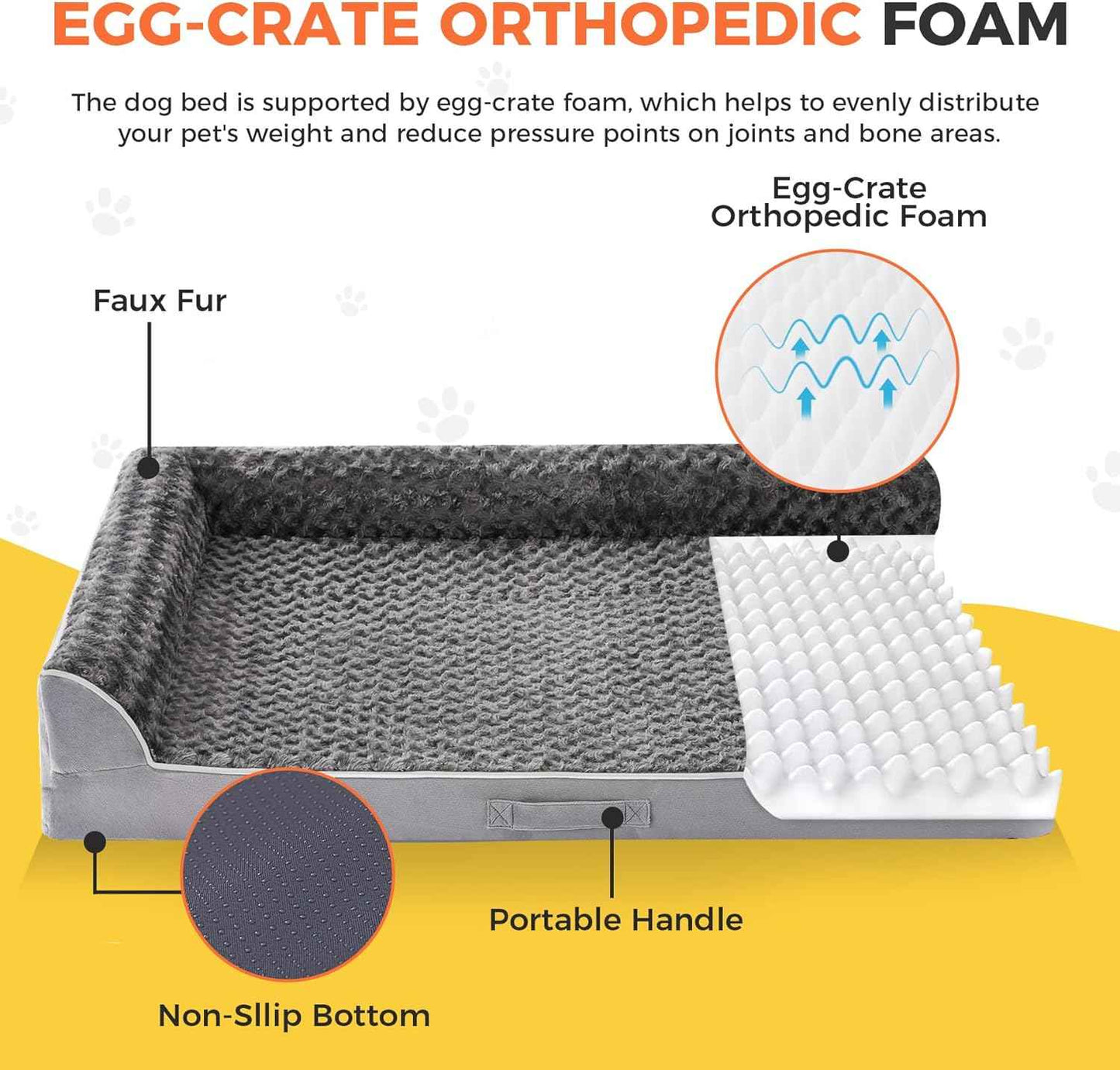 Dog Beds Large Sized Dogs, XL Orthopedic Dog Beds for Large Dogs 42"x30"x7.5", Waterproof Pet Bed with Washable Cover, L-Shaped Pet Couch with Portable Handle, Grey