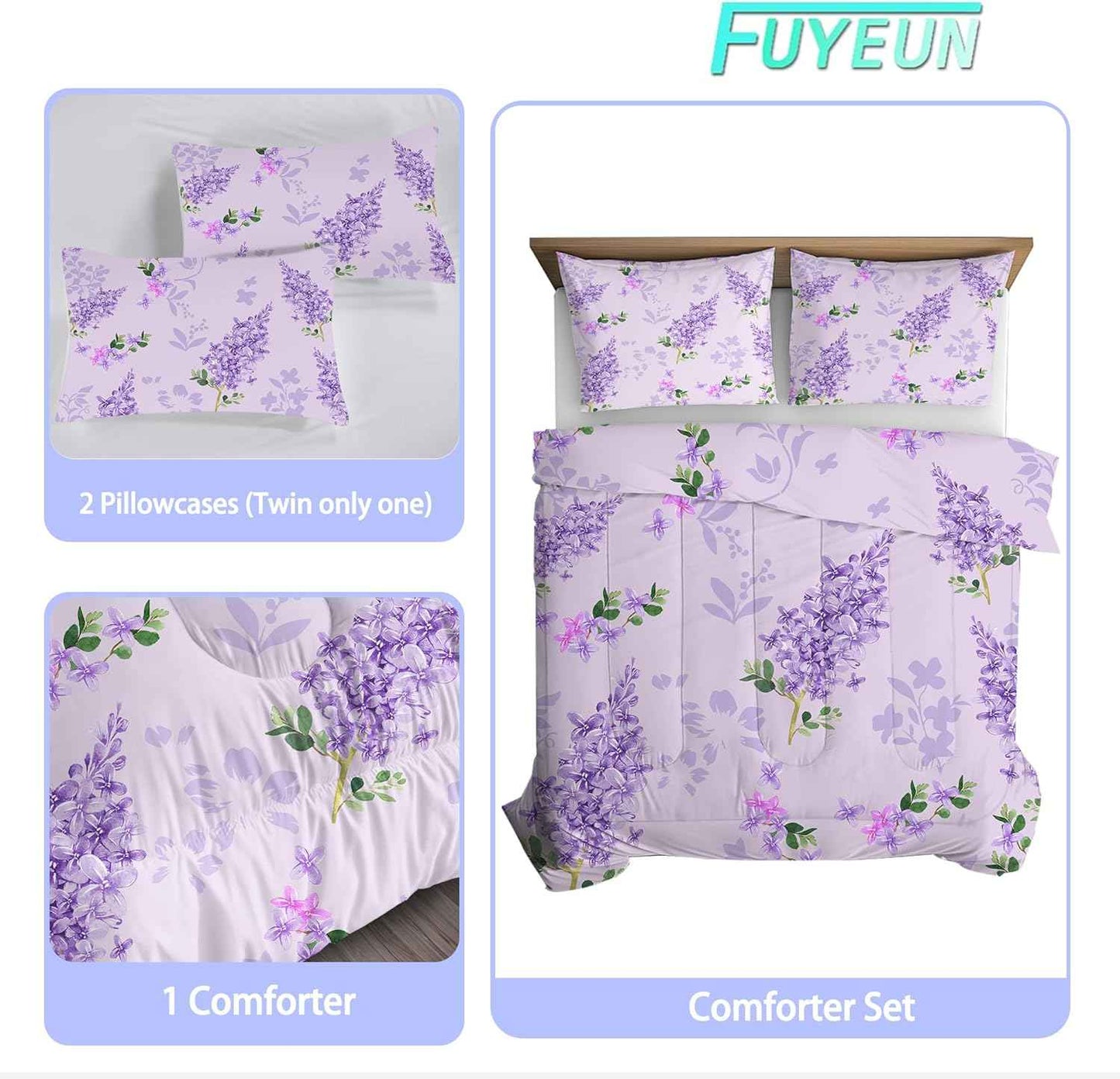 Floral Bedding Set Full : Purple Lilac Flower Comforter Set for Girls Women Kids Teens Bedroom Bed Bedspread Quilt,1 Comforter,2 Pillow Cases