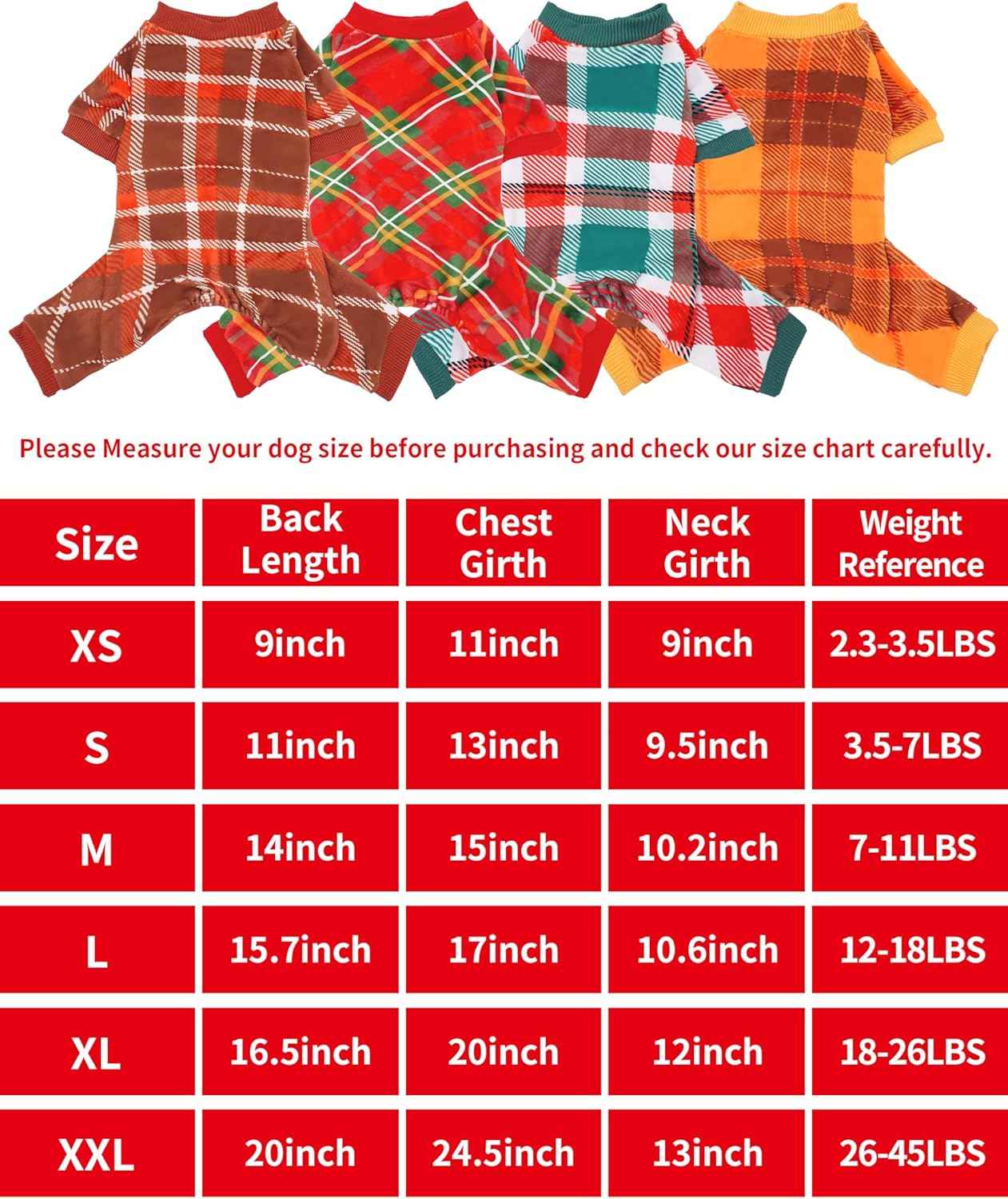 PET SHOW 4 Pack Small Dog Pajamas Holiday Dog Clothes for Medium Dogs Girl Boy Soft Stretchy PJs Plaid Jumpsuit Puppy Fall Onesies Christmas Outfits with Sleeve Pets Dachshund Costume(XXL, Plaid)