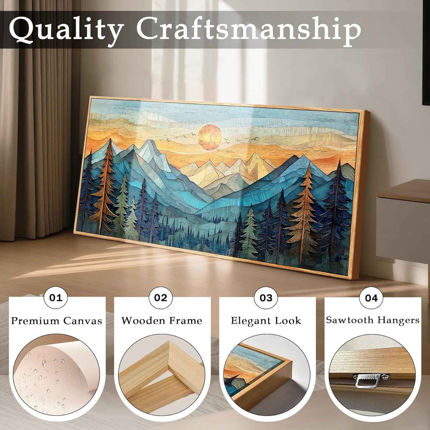 imjiayu Mountain Wall Art, Oversized Wall Art, Framed Artwork for Walls, Abstract Landscape Canvas Prints, Boho Sun Tree Paintings Wall Decor Living Room Bedroom Dining Room Home Office 29"x57"