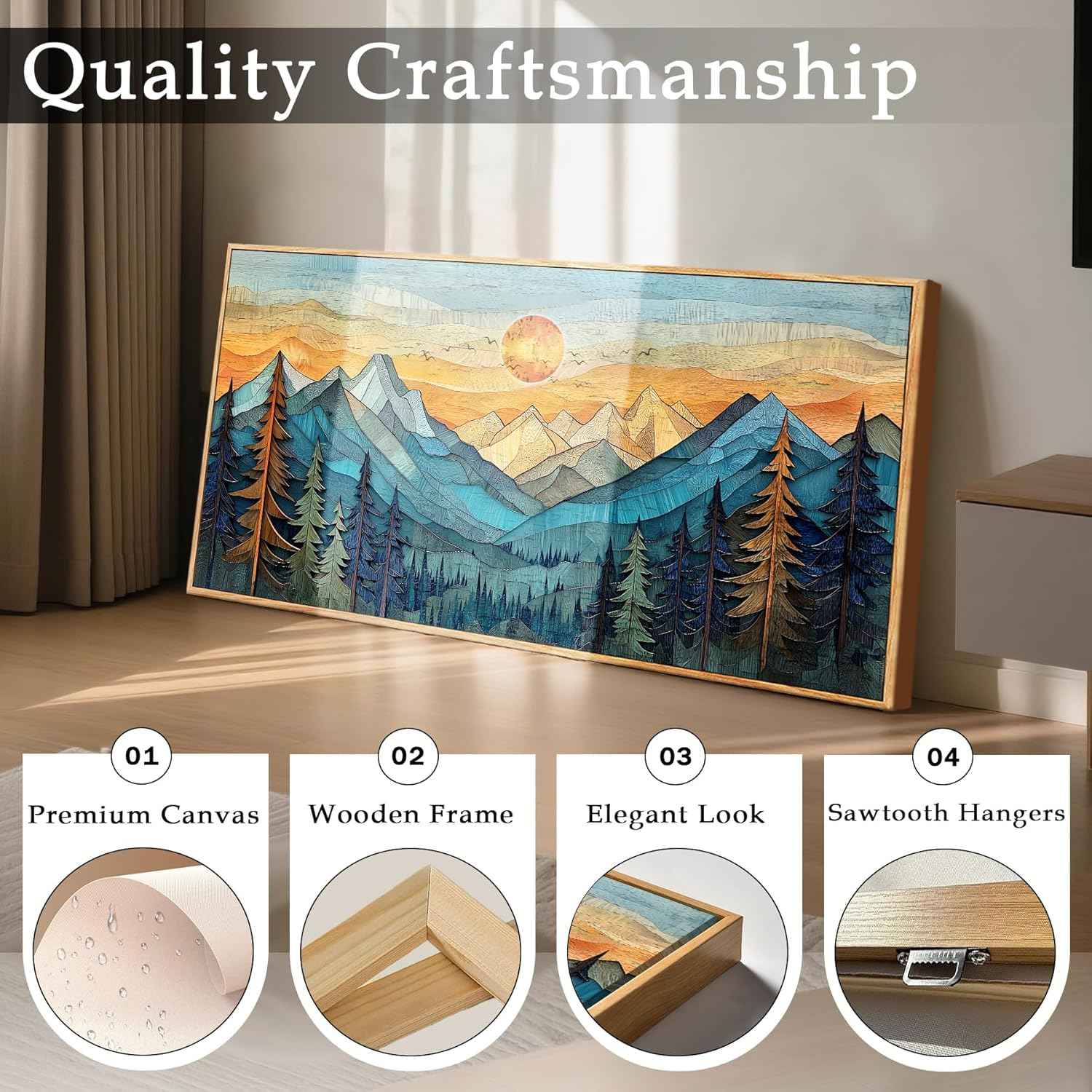 imjiayu Mountain Wall Art, Oversized Wall Art, Framed Artwork for Walls, Abstract Landscape Canvas Prints, Boho Sun Tree Paintings Wall Decor Living Room Bedroom Dining Room Home Office 29"x57"