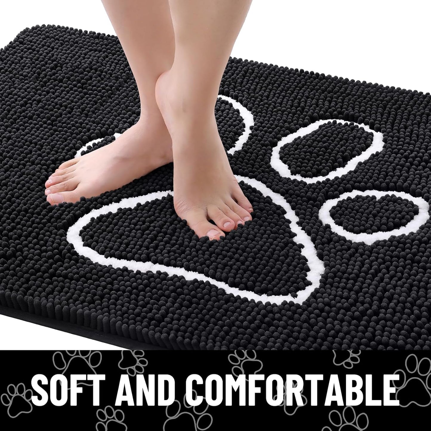 Smiry Dog Door Mat for Muddy Paws, Absorbent Dirt Trapper Non Slip Quick Dry Washable Chenille Mat for Mud Dogs, Entry Rug for Indoor and Outdoor (70x24 Inches, Black)