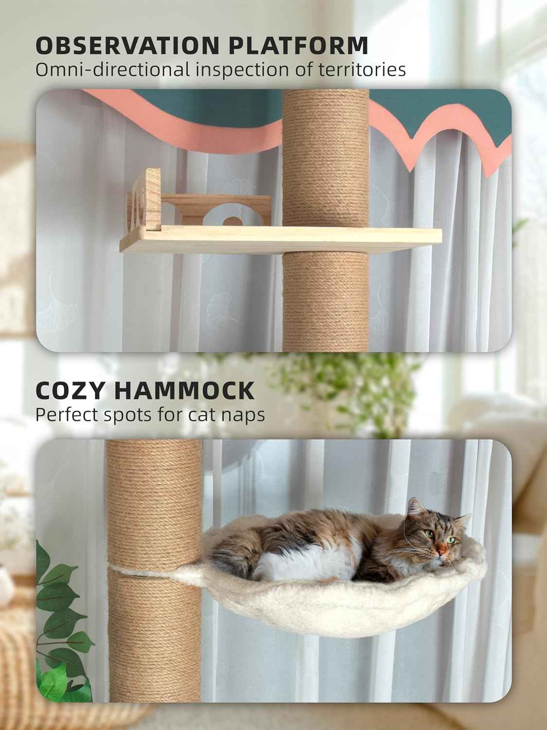 Fantasreen Cat Tree Floor to Ceiling Cat Tower Ajustable Height 97.1-124.4 Inches Tall and 4.5 Inches Thickened Post Large Cat Tree Tower for Indoor Cats Modern