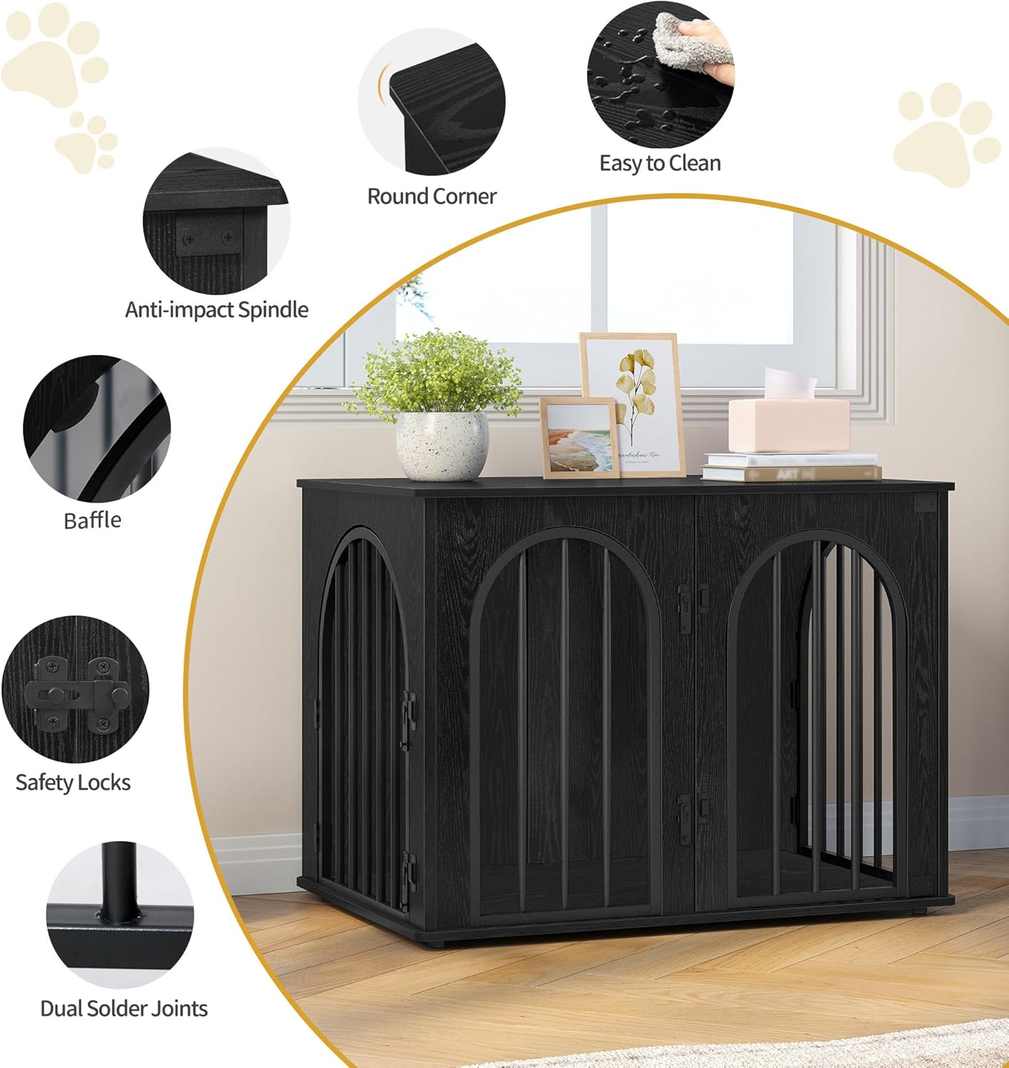 Hzuaneri 31.5'' Wooden Dog Crate Furniture, Indoor Dog Kennel Dogs Cage for Small/Medium Dogs, Heavy Duty Dog Crates Decorative Pet House End Side Table TV Stand, Black DFC85104B