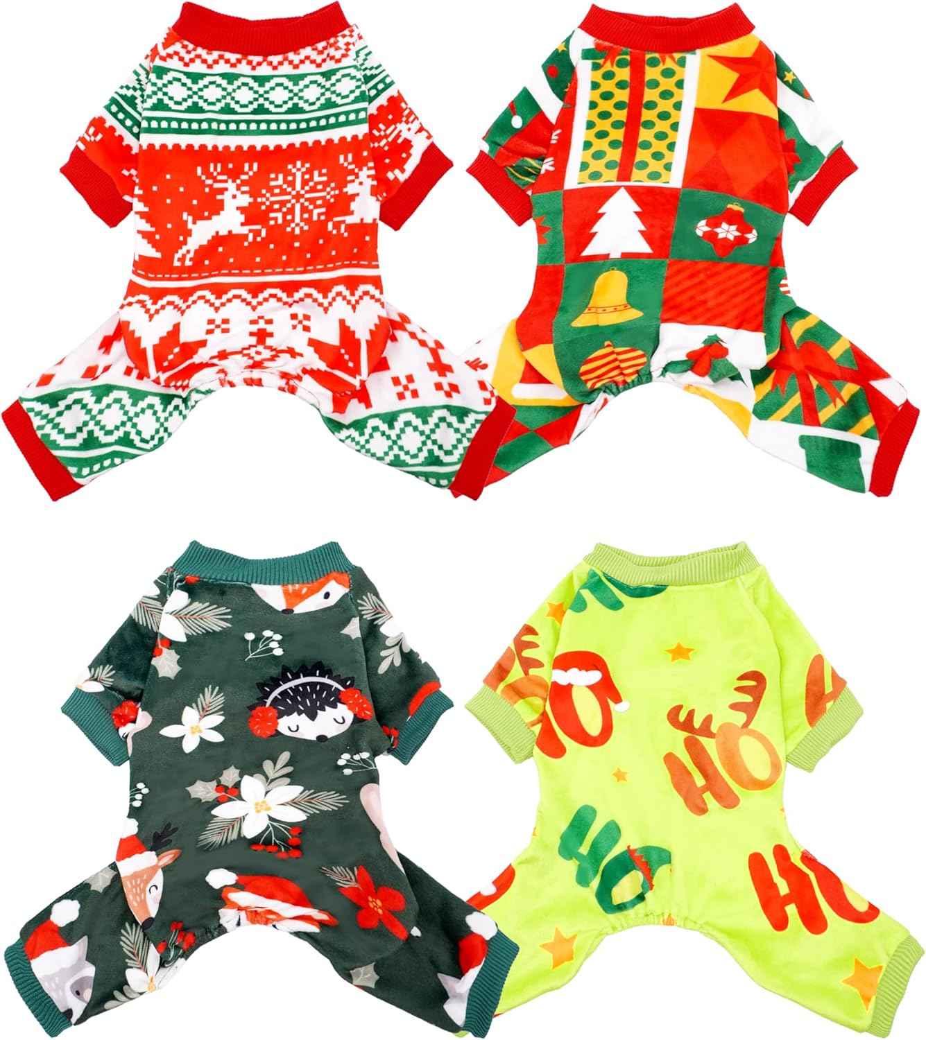 PET SHOW 4 Pack Christmas Small Dog Pajamas Holiday Dog Clothes for Medium Dogs Girl Boy Soft Stretchy PJs Xmas Jumpsuit Puppy Cats Onesies Red Green Outfits with Sleeve Pets Dachshund Costume M