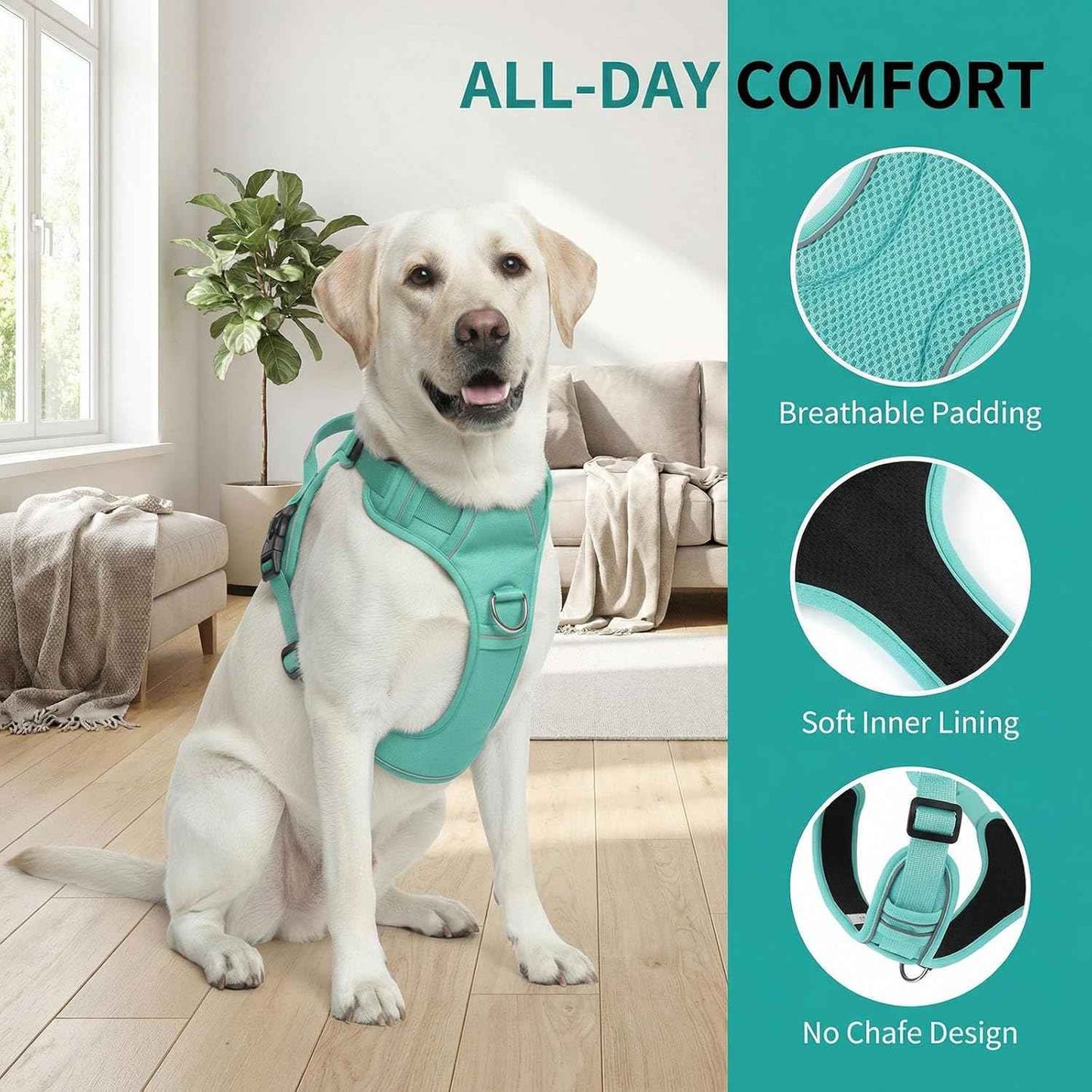 No Pull Dog Harness with 2 Leash Clips, Adjustable Soft Padded Reflective Oxford Pet Vest with Easy Control Handle for Large Dogs (Turquoise, Medium)