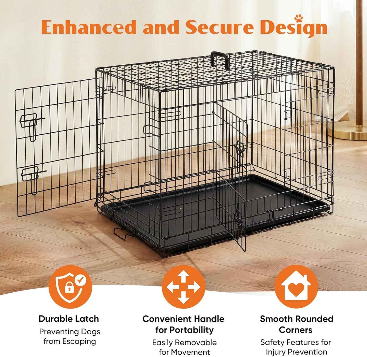 Sweetcrispy 36 Inch Dog Crate, Medium Crates Double Door Folding Metal Wire Dog Cage with Plastic Leak-Proof Pan Tray, Pet Kennel for Indoor, Outdoor, Travel