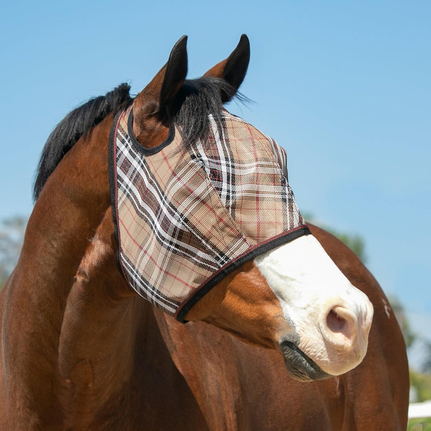 Kensington UV Horse Fly Mask with Web Trim - Protective Mask with Dual Ear Opening & Forelock Freedom - Large, Deluxe Black