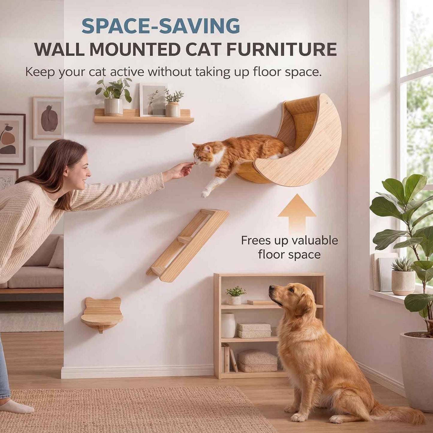 Cat Wall Shelves Set – Solid Wood Cat Wall Furniture with Moon Bed & Ladder, Wall Mounted Climbing Shelves for Indoor Cats, Space Saving Cat Gym Wall System (3pcs/Set)