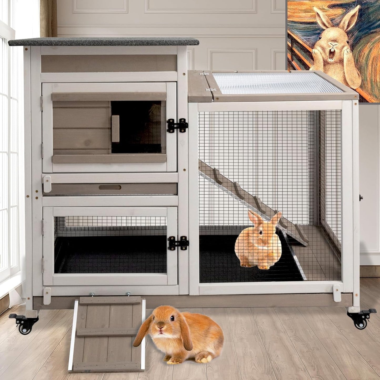 Rabbit Hutch Indoor 40" L Large 2 Story Outdoor Wooden Bunny Hutch with Run, 4 Metal Wheels & 2 Deeper Trays, UV-Proof Panel Rabbit Cage Guinea Pig Pet House for Small-Medium Animals