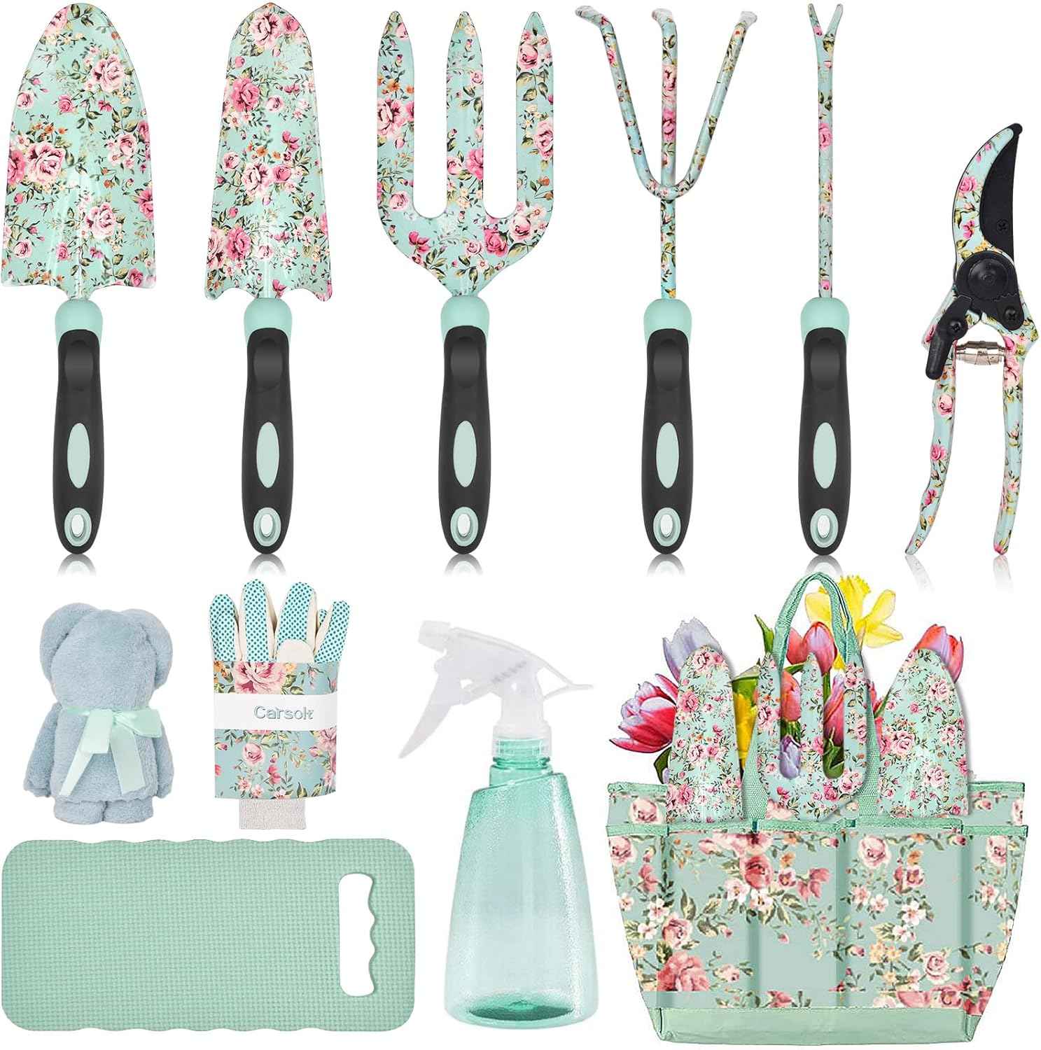 Garden Tools Set, Carsolt 11 Pcs Heavy Duty Floral Gardening Tools Kit with Non-Slip Rubber Handle, Special Gardening Gifts for Women Mom Birthday
