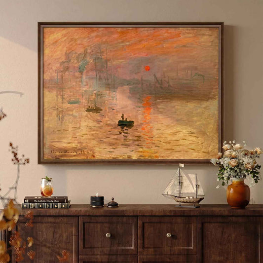 Vintage Framed Claude Monet Landscape Wall Art, Large Horizontal Impressionist Classic Canvas Prints Paintings, Orange Sun Lake Nature Pictures Artwork Decor for Living Room Bedroom Office 32x24 Inch