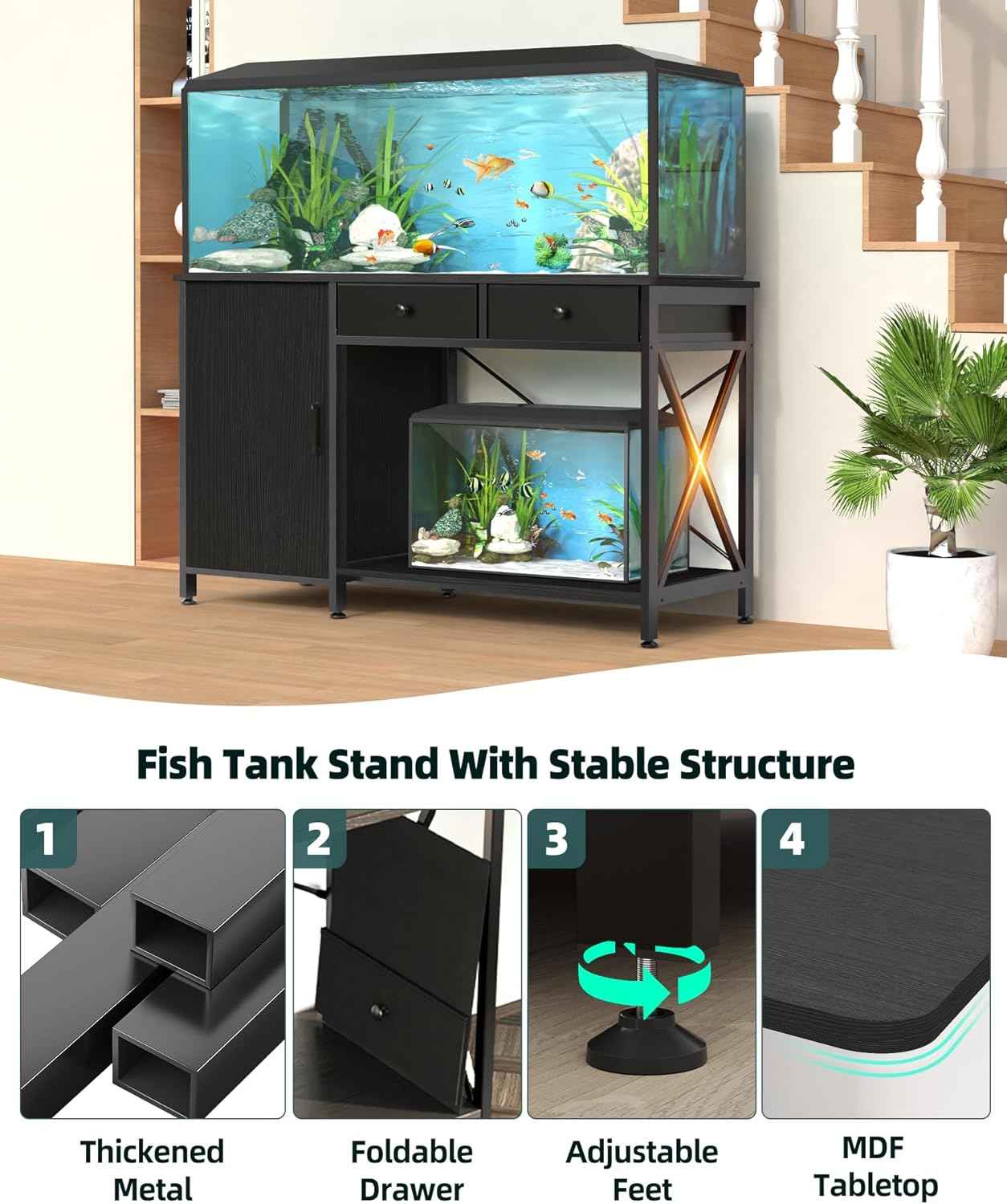 Fish Tank Stand for 55-75 Gallon Fish Tank: Aquarium Stand with Power Outlet - Metal 55 Gallon Tank Stand with Cabinet Drawer Storage for Turtle Tank, Reptile Terrarium (Black 1200LBS Capacity)