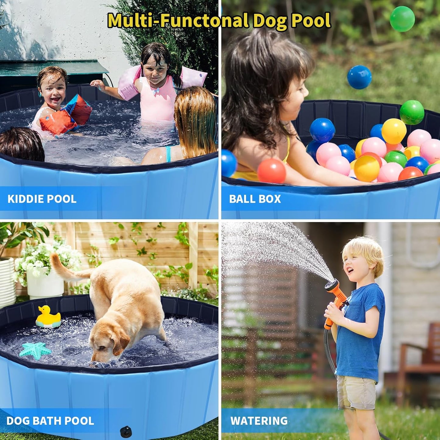 Foldable Dog Pool, 55" x 12" Kiddie Pool with Hard Plastic, Non-Slip Dog Bath Tub for Outdoor Backyard, Collapsible Dog Swimming Pool for Kids Dogs Pets (Blue)