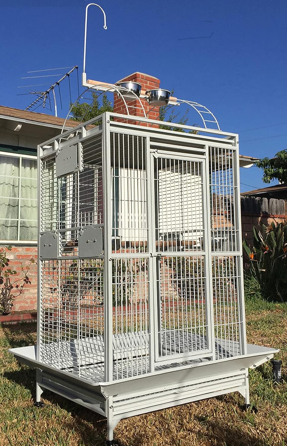 White Extra Large 28"x22"x65"H Double Ladders Open Play Top Wrought Iron Bird Parrot Parttot Finch Macaw Cockatoo Cage, Include Seed Guard and Toy Hook