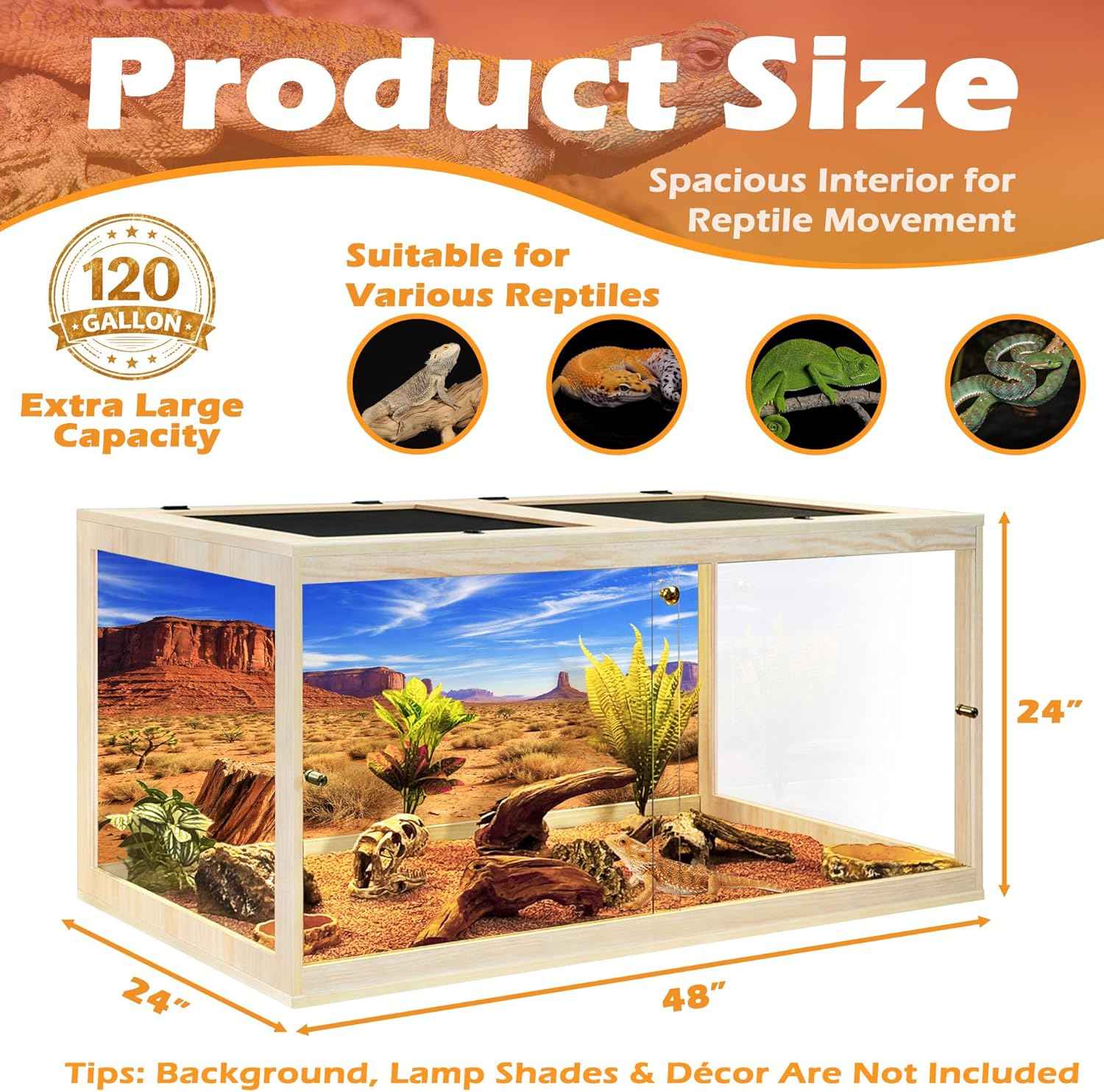 PROLEE 120 Gallon Bearded Dragon Tank, Tempered Glass Reptile Tank with Mesh Roof and Front Sliding Door, Anti-Scratch Lizard Tank, 4X2X2 Reptile Encloure, 48“L x 24”W x 24" H (Oak)