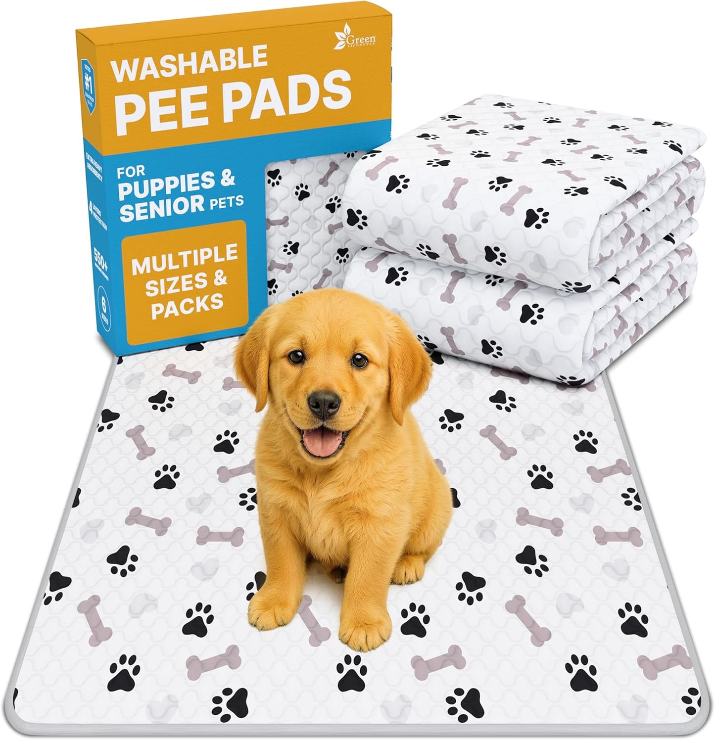GREEN LIFESTYLE Washable Pee Pads for Dogs - Waterproof Reusable Puppy Pads with Anti-Slip Backing, Pet Training Pad for Puppy Playpen, Crate, Whelping Box, Potty Training (Pack of 6 - 30x34)