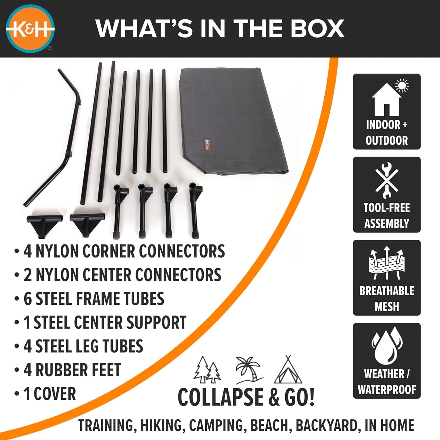 K&H Pet Products Elevated Outdoor Dog Cot Bed, Raised Cooling Bed with Washable Breathable Mesh for Large Dogs, Portable Raised Platform Pet Bed, Heavy Duty Metal Frame Hammock Bed, Jumbo, Gray