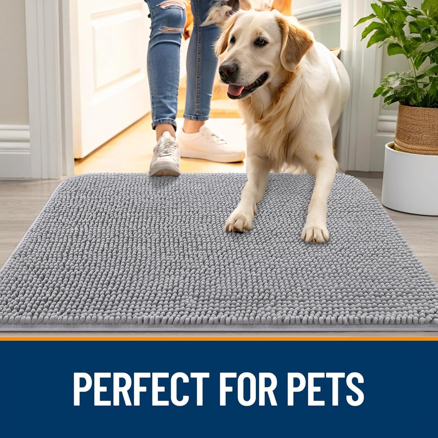 OLANLY Dog Door Mat for Muddy Paws 70x46, Absorbs Moisture and Dirt, Absorbent Non-Slip Washable Doormat, Quick Dry Chenille Mud Mat for Dogs, Entry Indoor Entryway Carpet for Inside Floor, Light Grey
