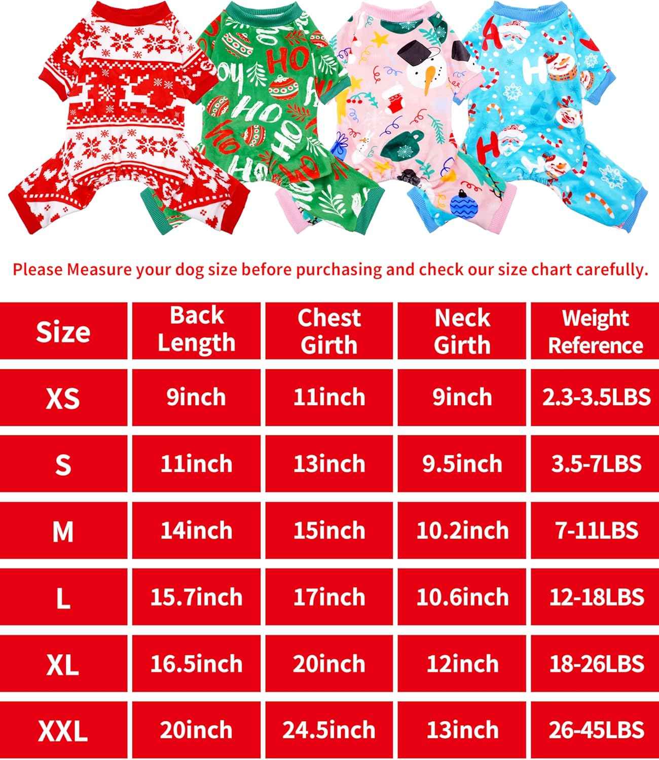 PET SHOW 4 Pack Small Dog Christmas Pajamas Holiday Dog Clothes Doggies Girl Boy Soft Stretchy PJs Xmas Jumpsuit Puppy Cats Onesies Red Green Outfits with Sleeve Pets Dachshund Costume S