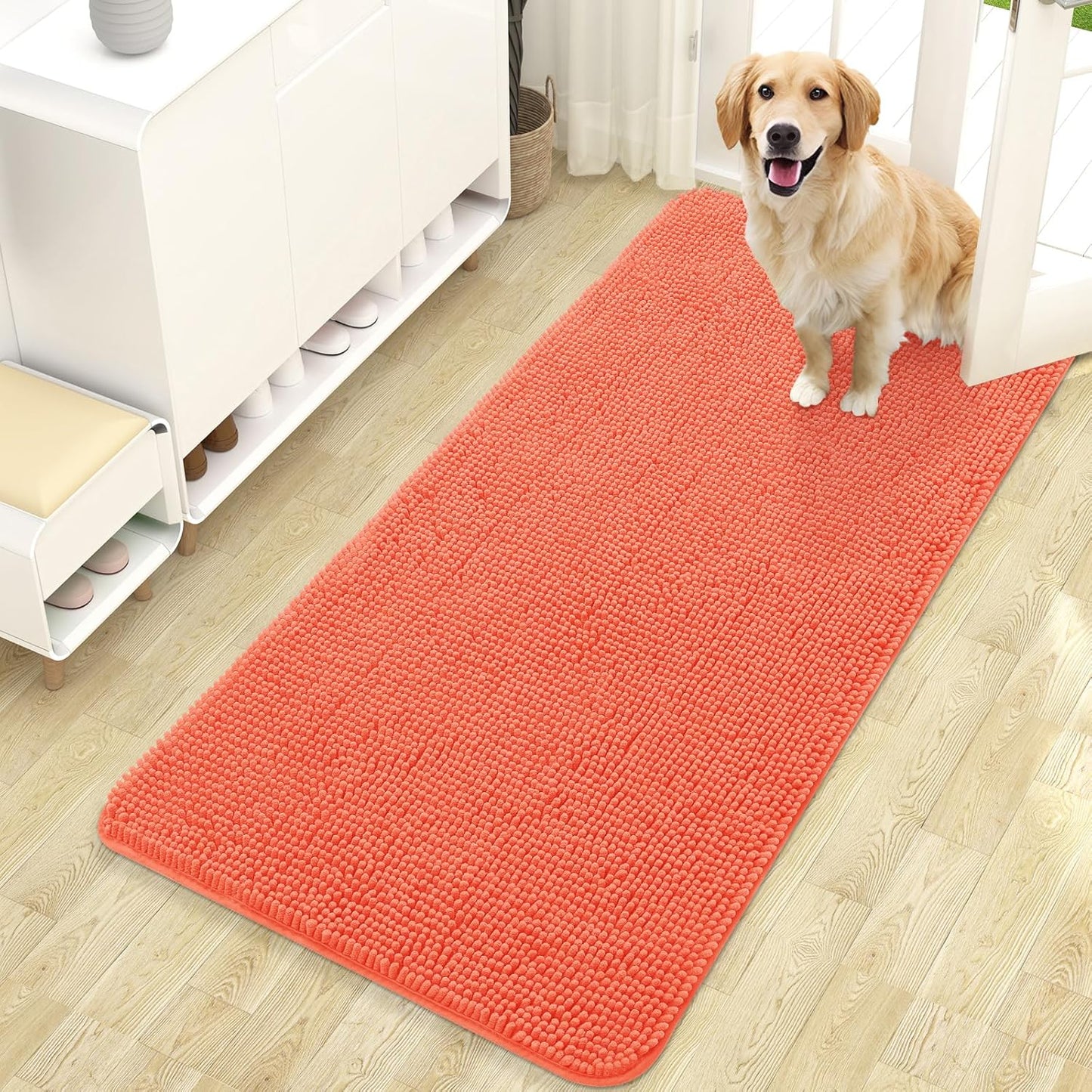 OLANLY Dog Door Mat for Muddy Paws 47x24, Absorbs Moisture and Dirt, Absorbent Non-Slip Washable Doormat, Quick Dry Chenille Mud Mat for Dogs, Entry Indoor Entryway Carpet for Inside Floor, Coral