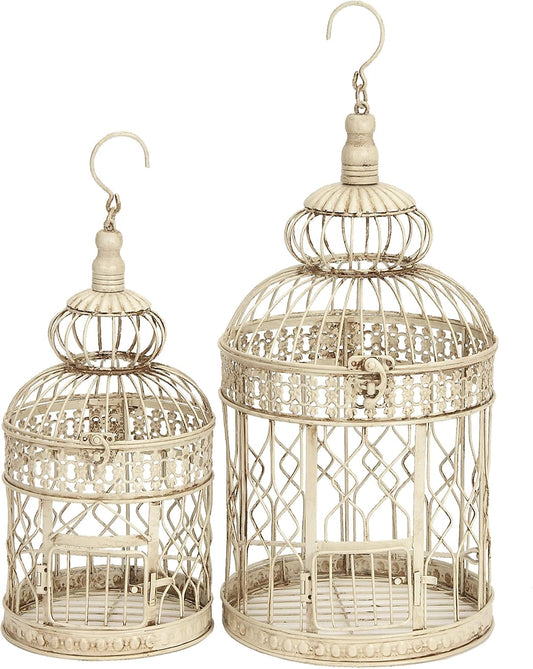 Deco 79 Metal Round Birdcage with Latch Lock Closure and Hanging Hook, Set of 2 22", 18"H, Cream