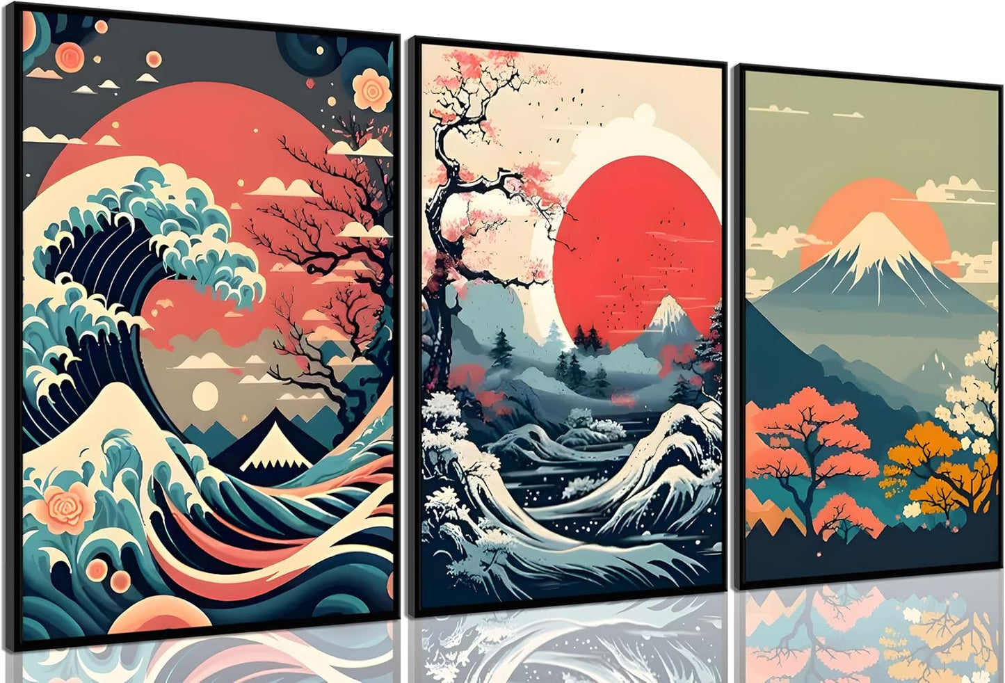 HOYXHKMT 3Pcs Japanese Wall Art Japanese Fuji Wall Decor Asian Nature Landscape Posters Pictures Kanagawa Giant Wave Canvas Prints Cherry Blossom Lake Painting for Living Room Bedroom Office Unframed