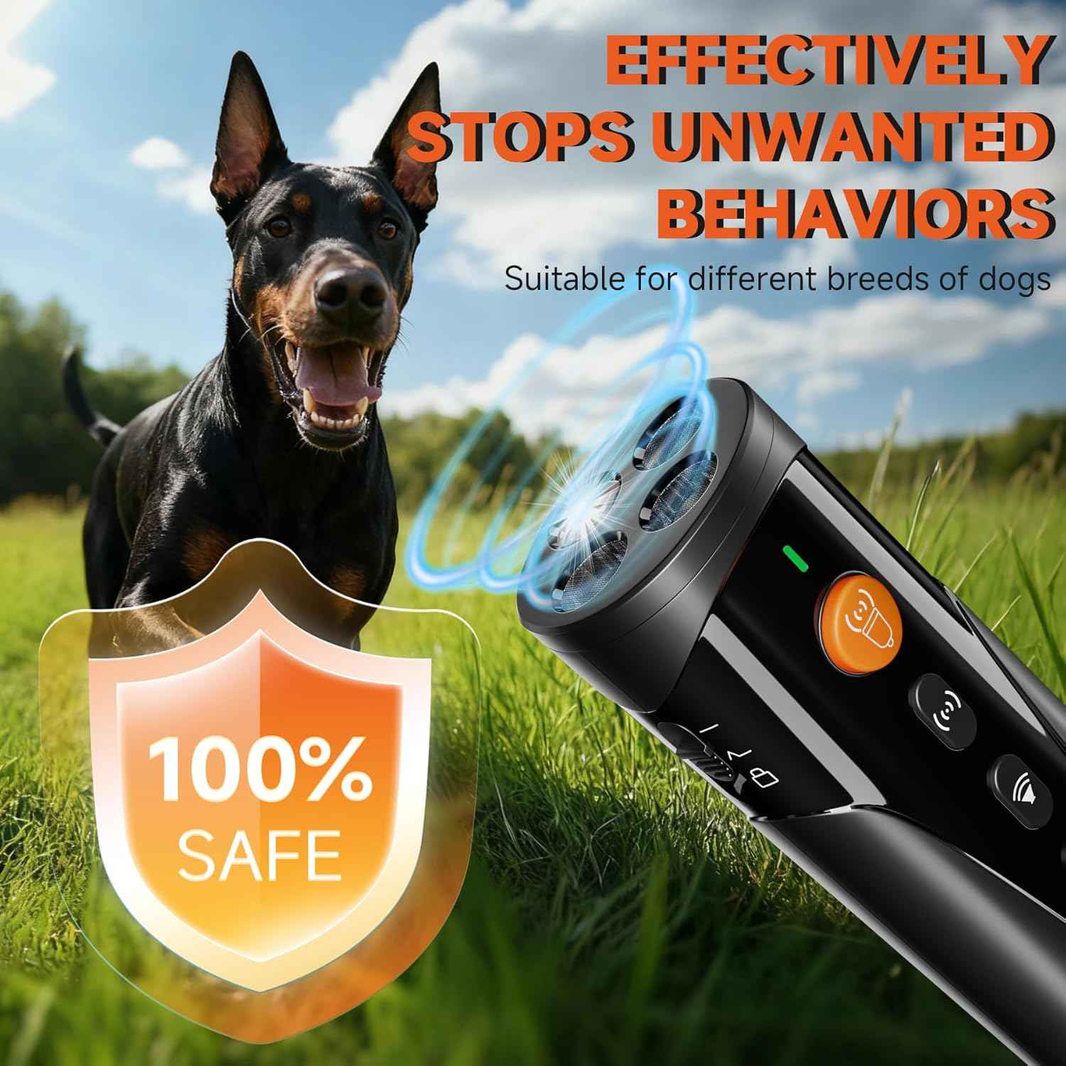 URCHIN Dog Bark Deterrent Device, 3X Ultrasonic Anti Barking Device 6 Modes Dog Trainer Rechargeable & Portable Safe Bark Control Indoor Outdoor for All Dogs with LED Flashlight - Black