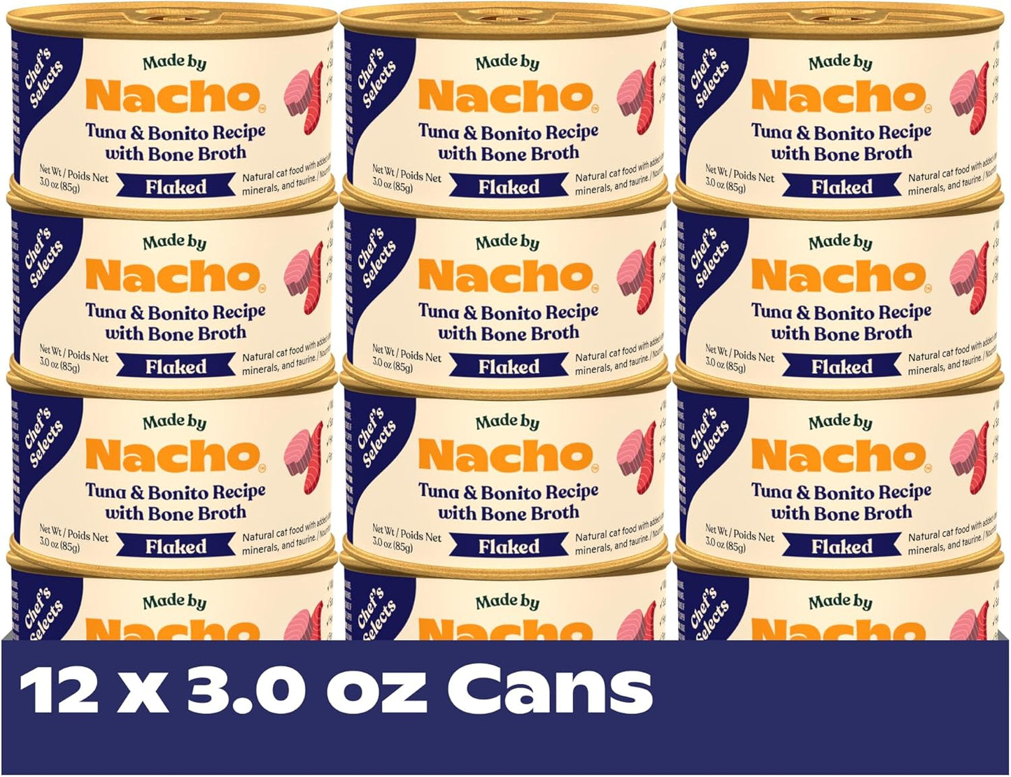 Made by Nacho Flaked Filets Recipe in Bone Broth, Grain-Free Chef's Selects Wet Food for Cats Balanced Diet in Naturally Hydrating Pumpkin-Infused Broth (3.0 oz (Pack of 12), Tuna & Bonito)