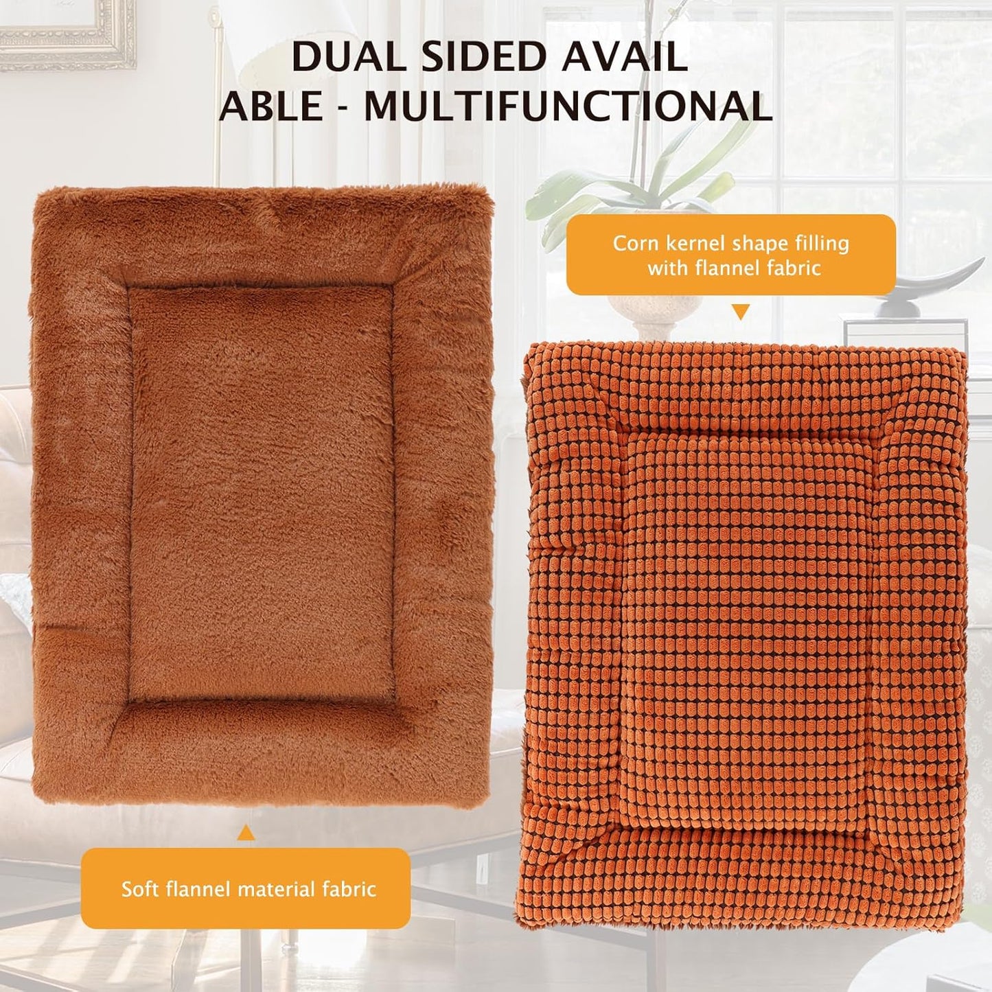 Reversible Dog Bed Mat with Plush and Corn Velvet,Soft Warm Pet Cushion, Dual Purpose Washable Sleeping Mattress Bed for Small Medium Large Dog and Cat XB004 (42"x28", Orange)
