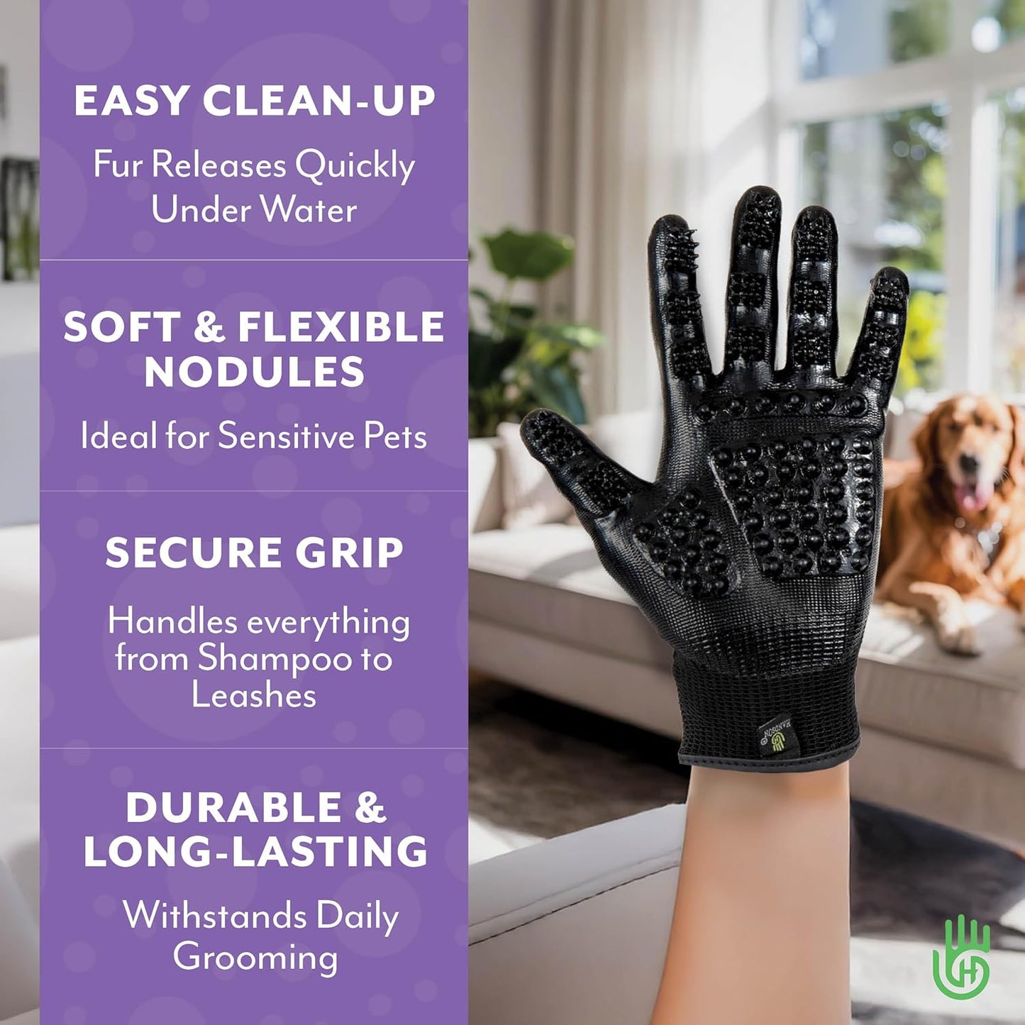 H HANDSON Pet Grooming Gloves - Patented #1 Ranked, Award Winning Shedding, Bathing, & Hair Remover Gloves - Gentle Brush for Cats, Dogs, and Horses (Grey, Large)
