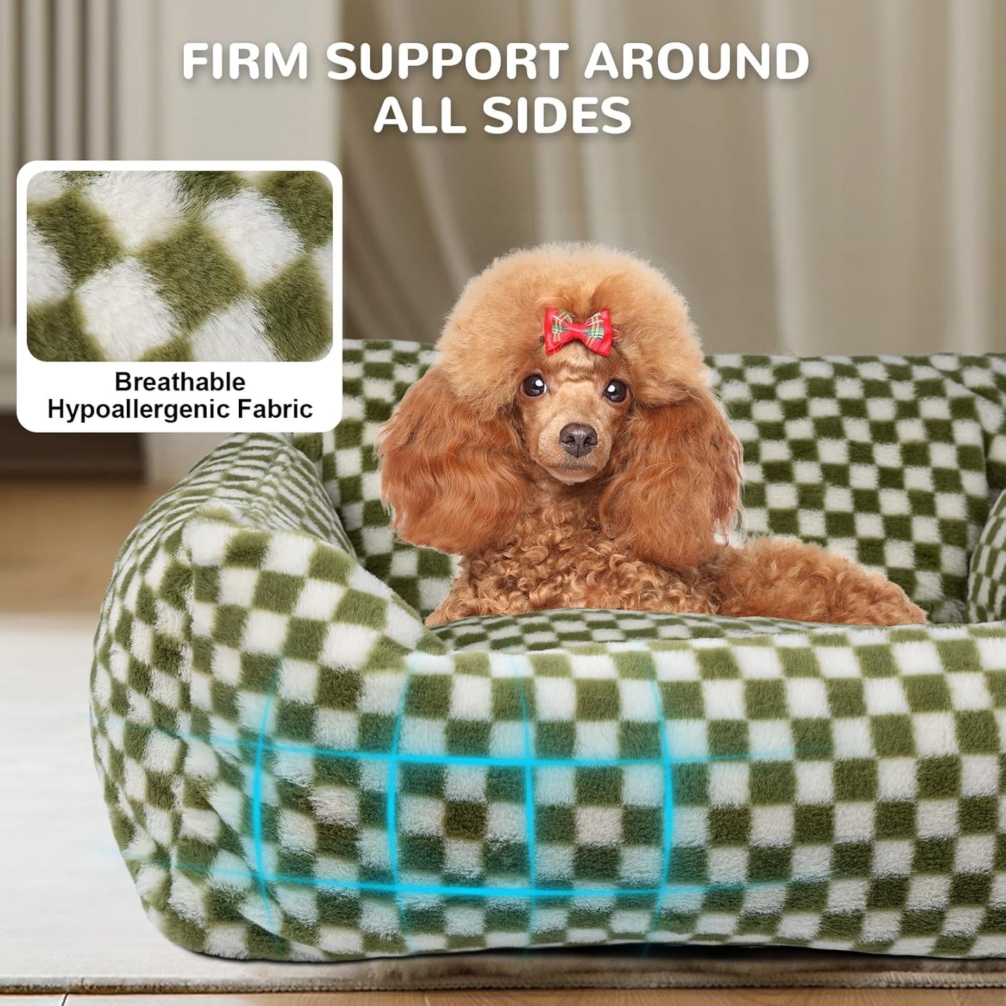 Dog Beds for Small Medium Dogs, Washable Soft Fleece Dog Bed with Removable Cover, Puppy Sofa Bed with Anti-Slip Bottom, Pet Sleeping Bed for Indoor Cats & Dogs Under 23 lbs (Grid Breen)