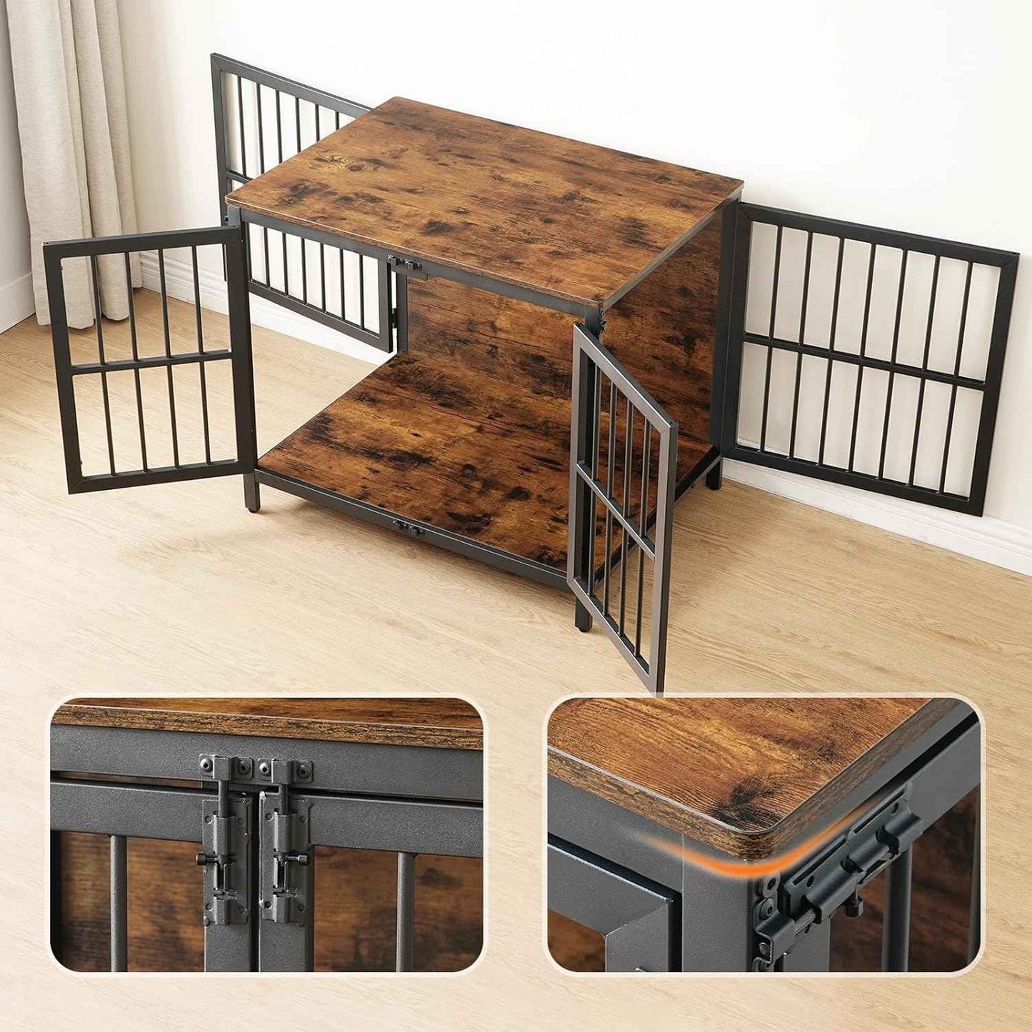 HOOBRO Heavy Duty Dog Crate Furniture, 31.5" Wooden Indoor Kennel with 3 Doors, Chew Resistant Metal Cage for Small and Medium Breeds, Dog Crate Side Table, Black and Rustic Brown BF81GW03