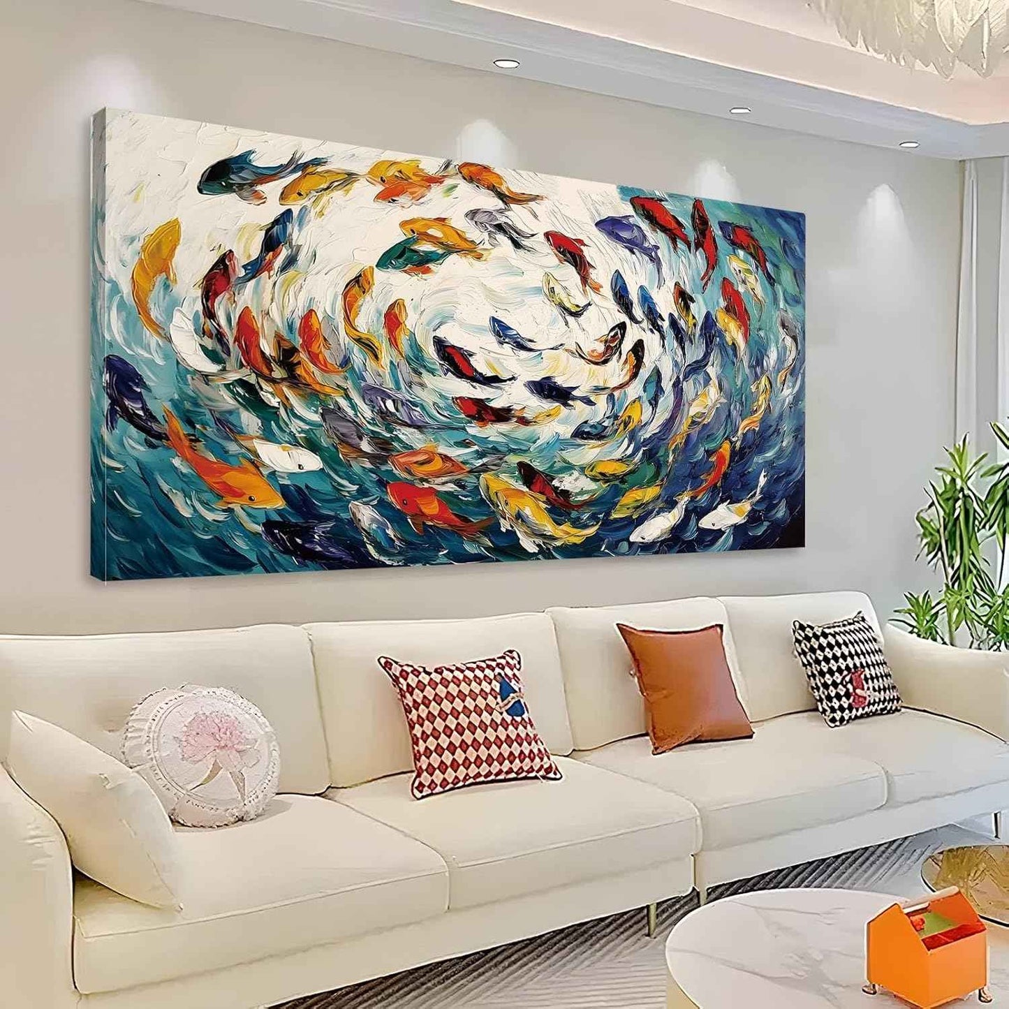 School of Fish Canvas Wall Art, Colorful Fish Herd Canvas Print, Abstract Sea Animal Wall Art, Coastal Pictures, Ocean Bathroom Decor, Marine Decor for Living Room, Bedroom (47"x24" | 120x60cm)