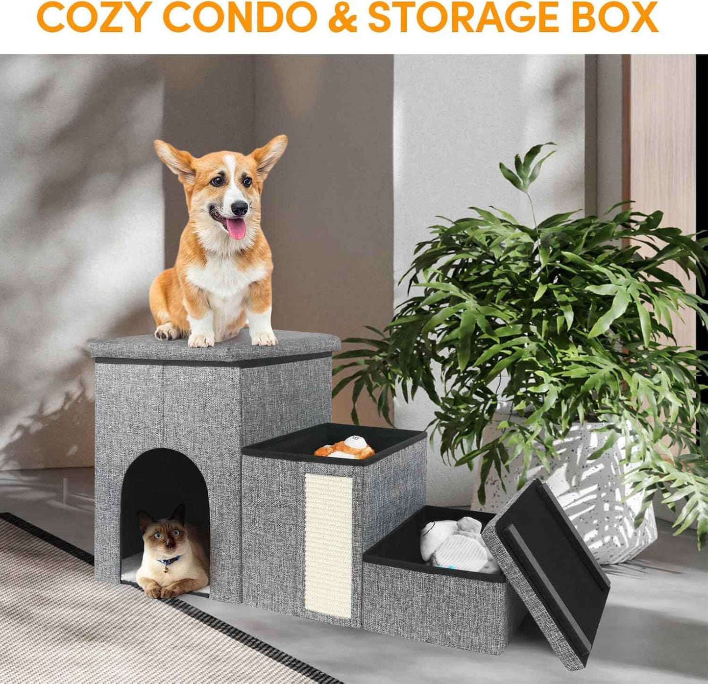 petizer Dog Stairs for Small Dogs, Foldable Pet Stairs for Couch/Bed with Storage Box, Condo and Cat Scratcher, Adjustable Non-Slip Dog Steps for Puppy, Cats, or Small (3-Step,17" H)