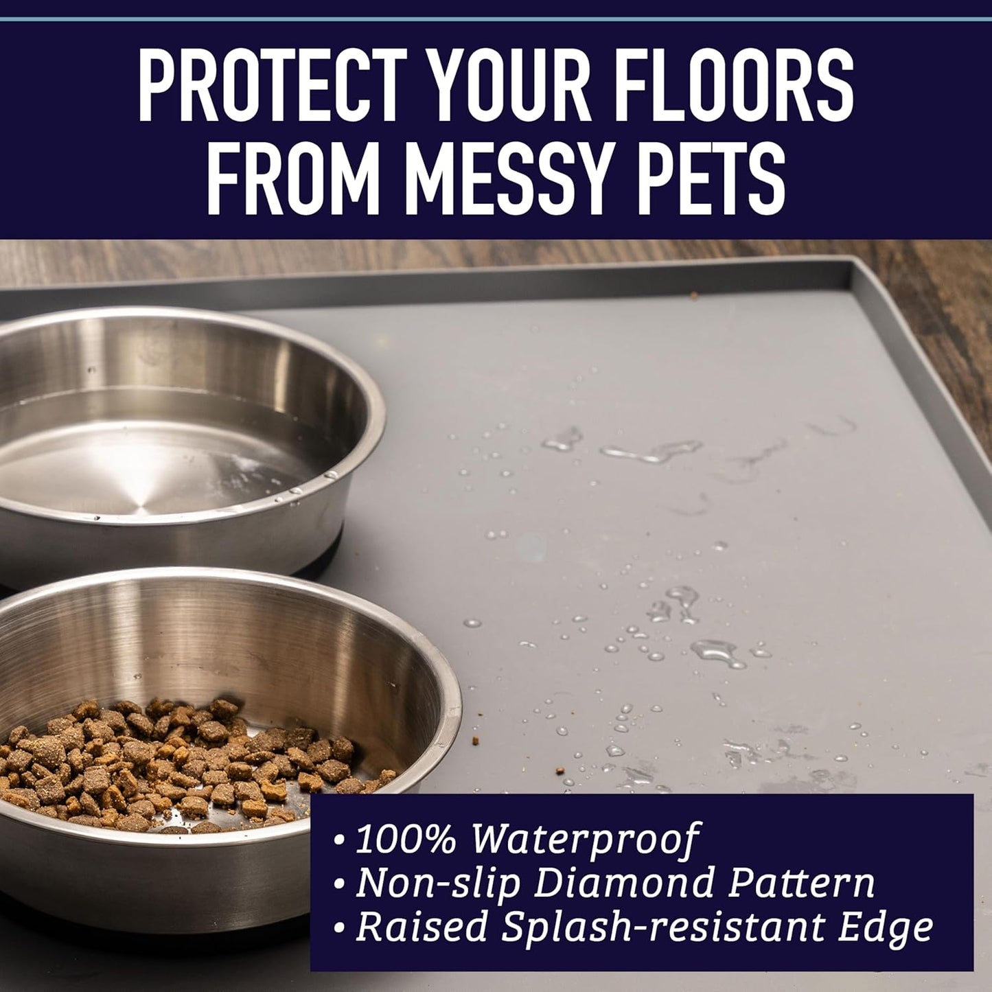 Leash Boss Silicone Dog Food & Cat Bowl Mat - XL 25 x 17 in - Black - Waterproof Non-Slip Raised Edge - Dishwasher Safe Pet Food Mat