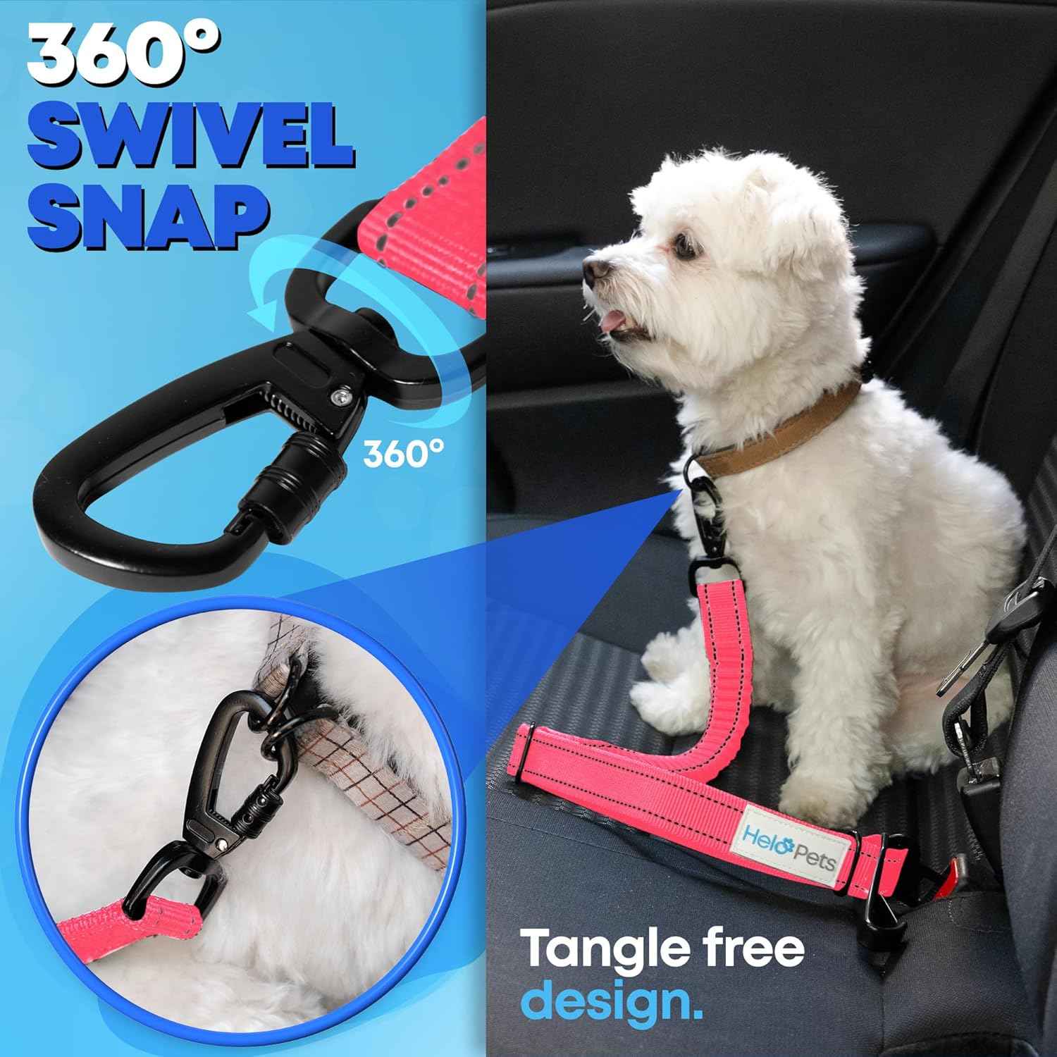 Dog Seat Belt for Car 3-in-1 Adjustable Safety Seatbelt for Dogs in Car – Durable Extra Thick Nylon Webbing Bungee with Hook & Buckle Latch, Reflective Dog Harness (Pink).