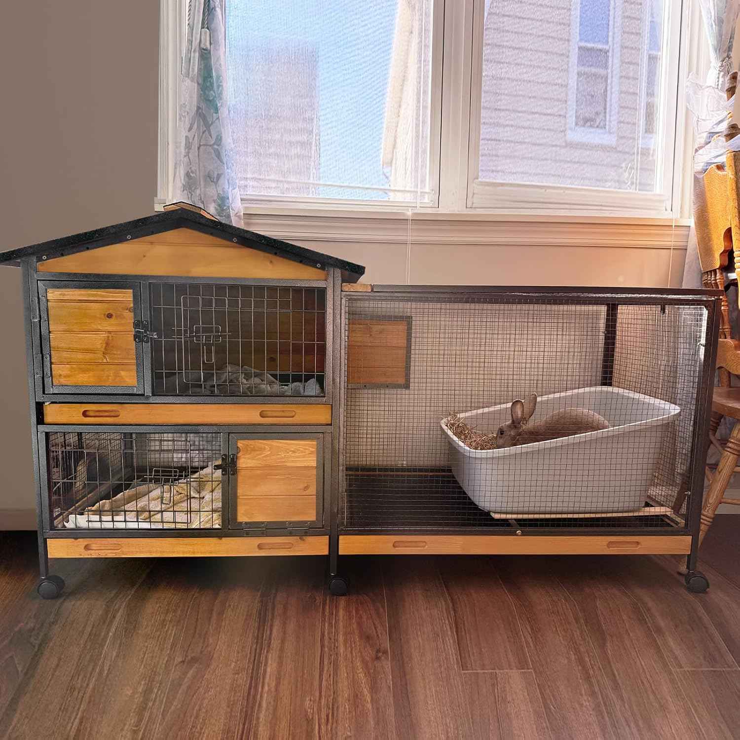 Rabbit Hutch Bunny Cage Indoor, Rabbit Cages on Wheel Guinea Pig Cage with 3 Trays- Upgraded Metal Frame