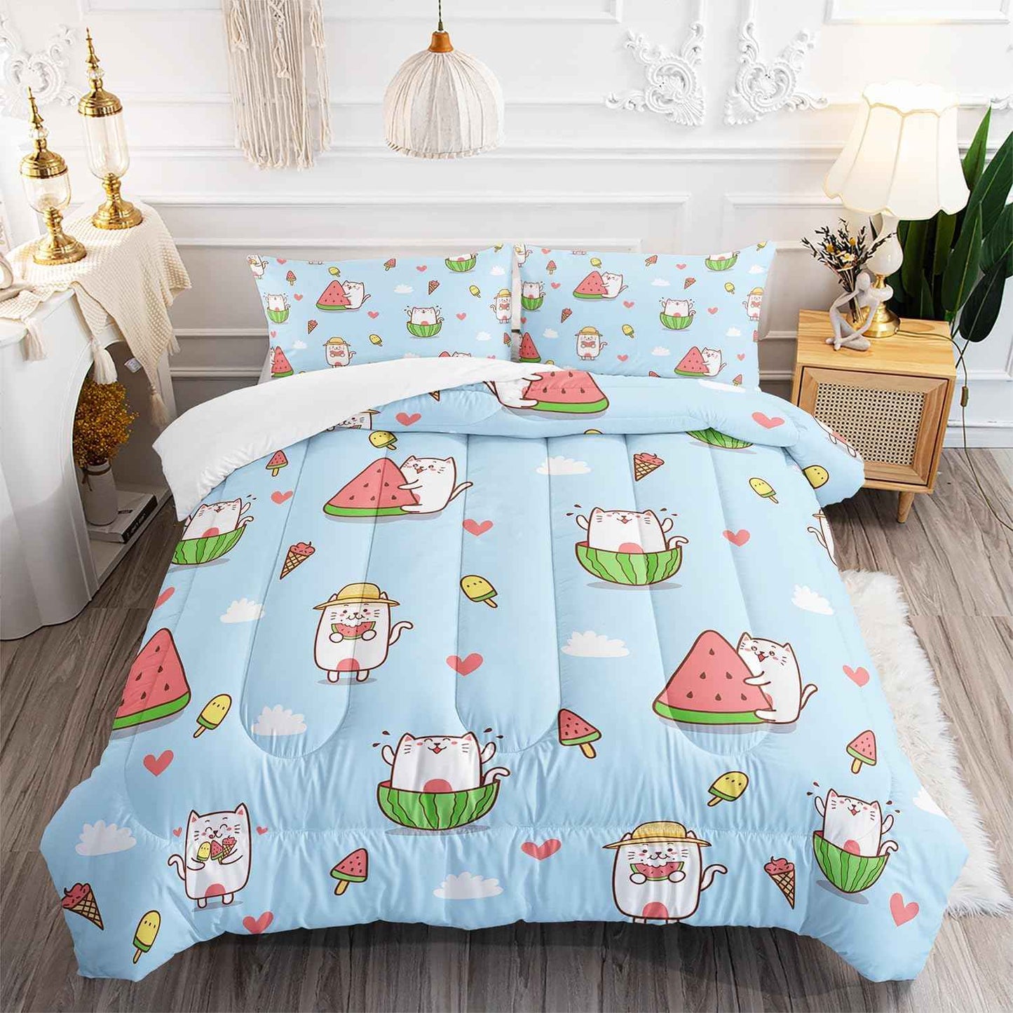 Kid Cartoon Cat Comforter 3Pcs Full Cute Kitten Ice-Cream Heart Bedding Kawaii Pet Cat Bedding Set for Teen Boy Girl Adult Cloud Watermelon Quilt Bed Decor with 1 Comforter and 2 Pillowcases