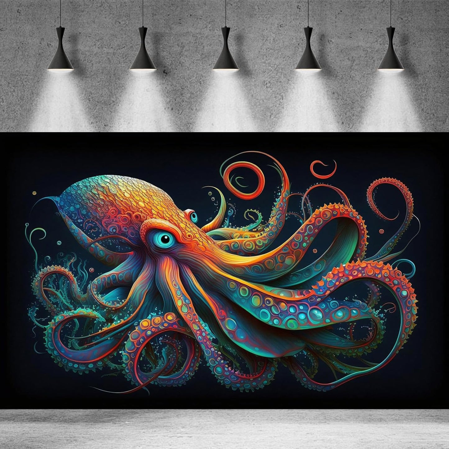 Octopus Aquarium Background Abstract Colorful Octopus Terrarium Background Glowing Octopus on Black Background Fish Tank Backdrop Poster Wallpaper Decorations Vinyl 72x24in