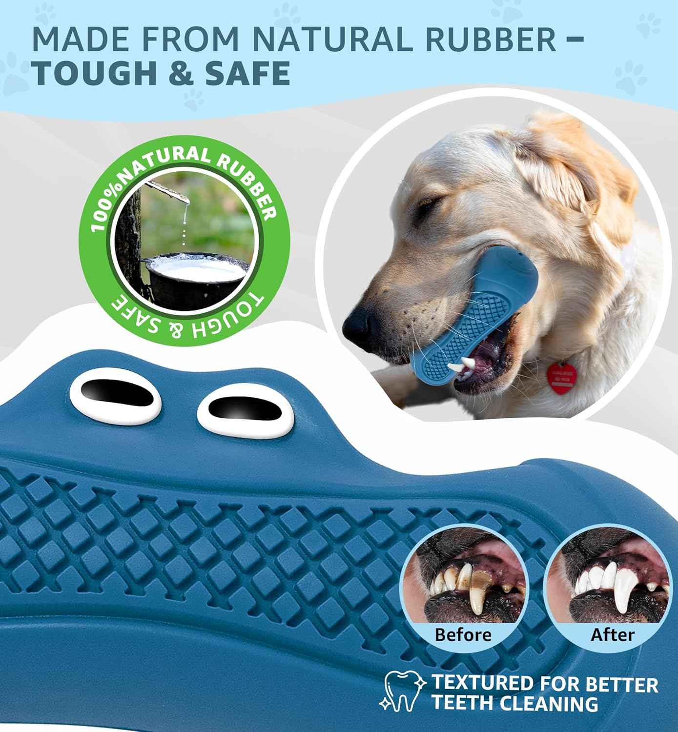 Durable Dog Chew Toy for Aggressive Chewers, Tough Natural Rubber Squeaky Dog Toy with Irresistible Beef Flavor, Dental Care, Teeth Cleaning & Boredom Relief for Medium & Large Dogs (Blue)