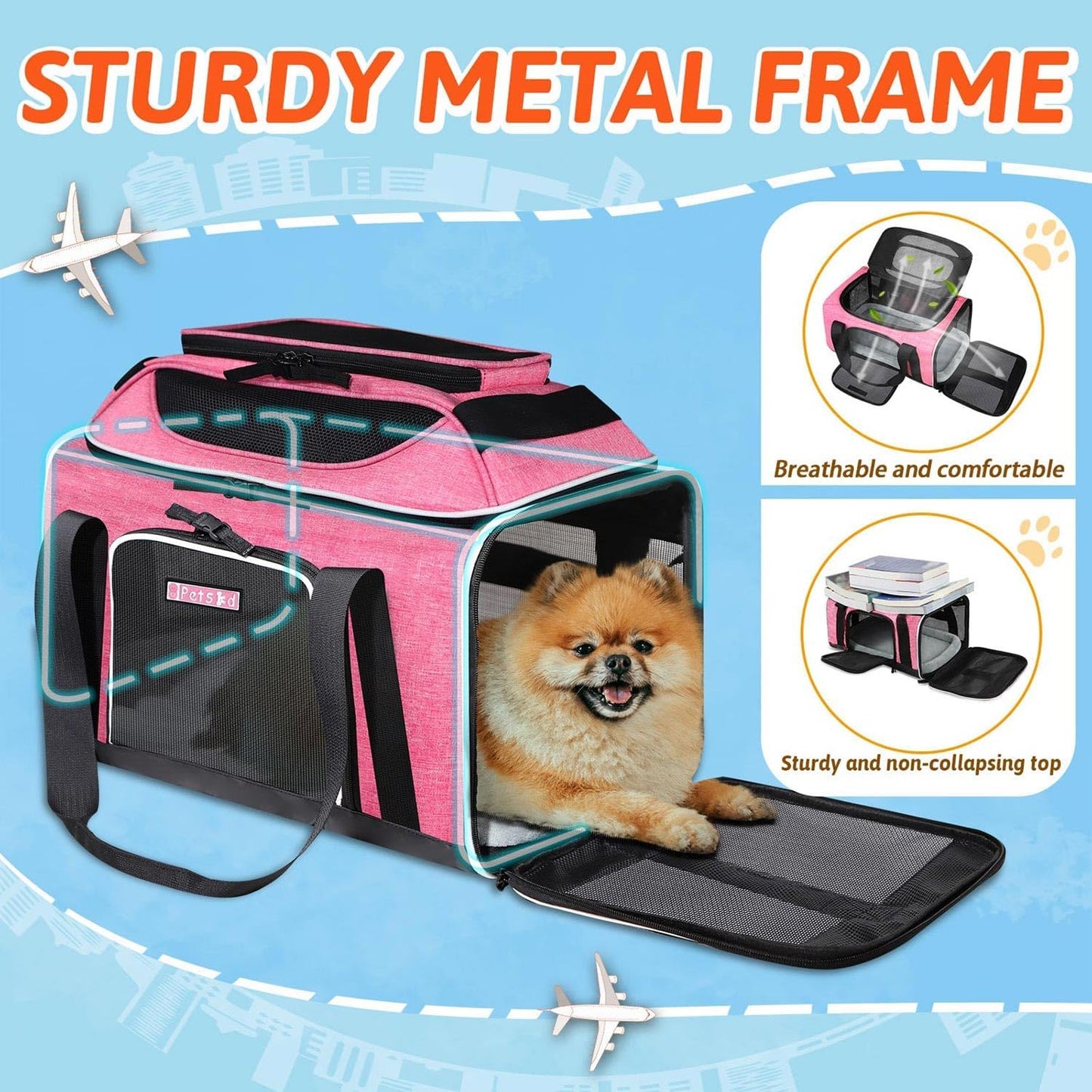 Petskd Top-Expandable Pet Carrier 18x11x11 Inches Delta American United Airline Approved, Soft-Sided Carrier for Small Cats and Dogs with Locking Safety Zippers and Anti-Scratch Mesh(Pink)