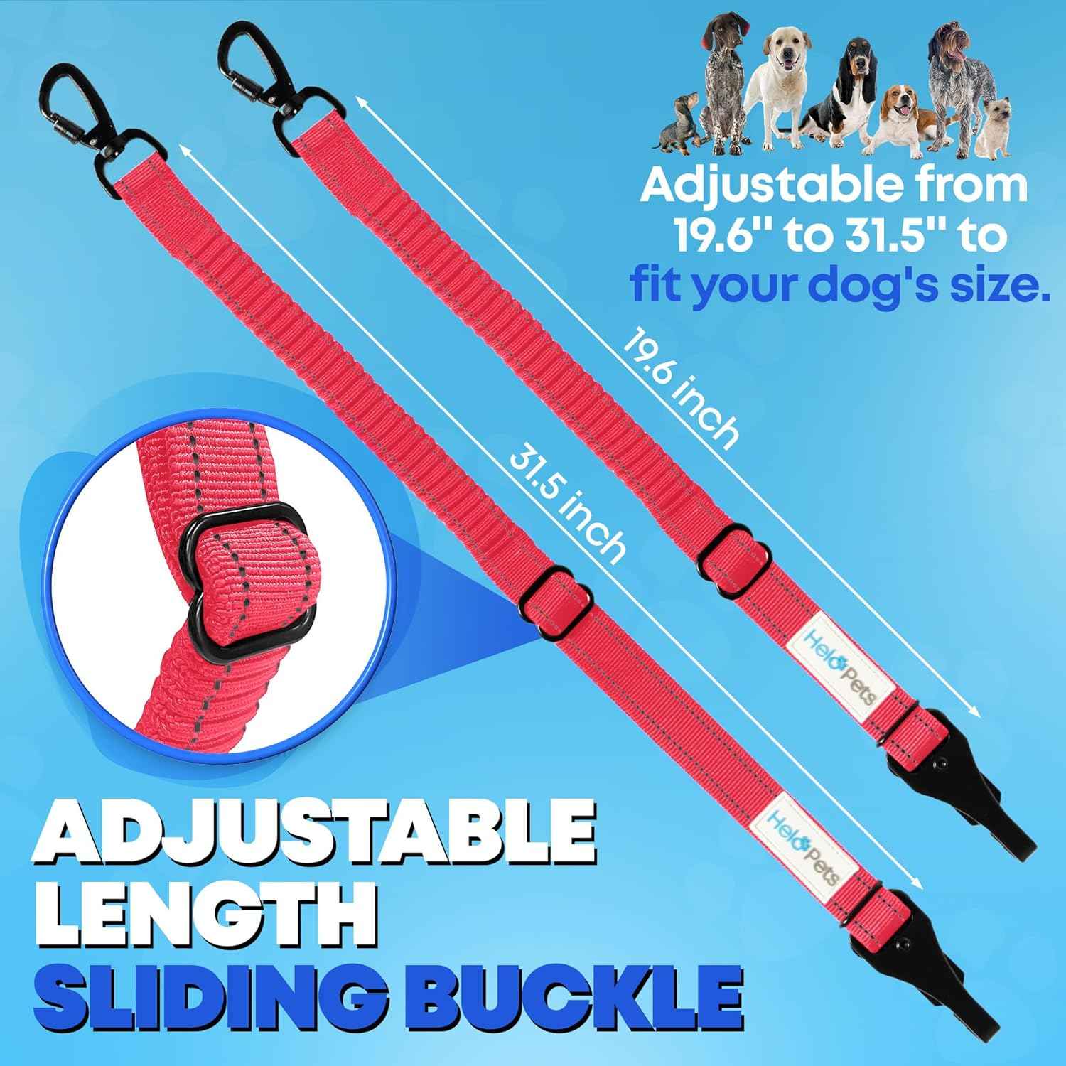 Dog Seat Belt for Car 3-in-1 Adjustable Safety Seatbelt for Dogs in Car – Durable Extra Thick Nylon Webbing Bungee with Hook & Buckle Latch, Reflective Dog Harness (Pink).