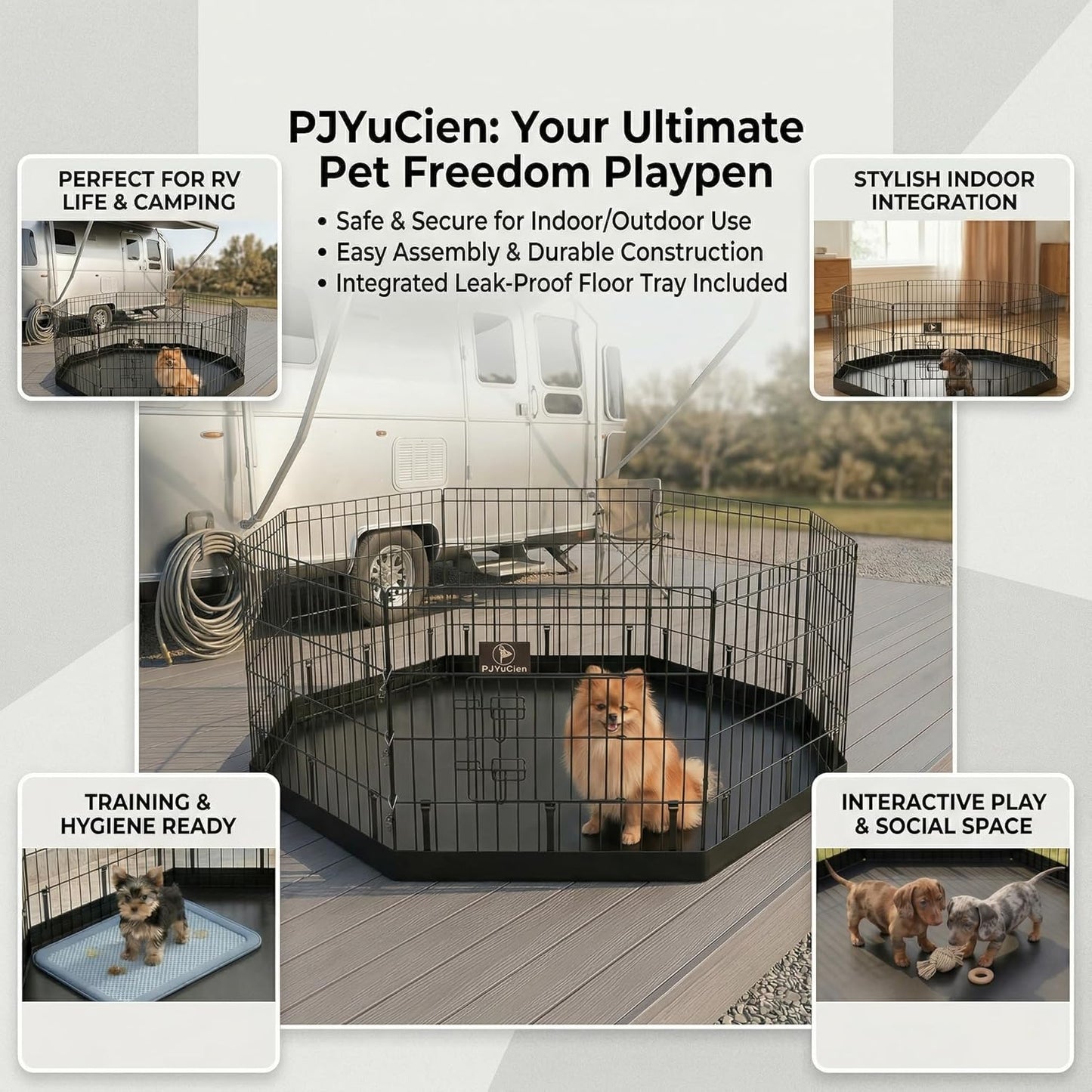 PJYuCien Octagonal Dog Playpen with Bottom Pad - Metal Foldable Exercise Pen, 8 Panels 24" H x 24" W Indoor Outdoor Pet Fence Puppy Crate Kennel, Black