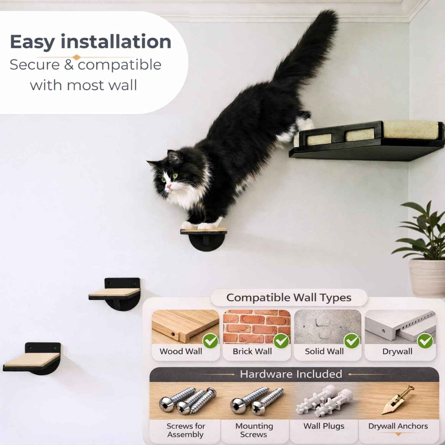Cat Wall Shelves for Cats & Kitten up to 25 lb – Solid Wood Cozy Corner Bed + Cushion with 2 Washable Covers + 3 Wooden Steps, Safe Haven for Indoor Cats, Cat Shelves for Wall, Black