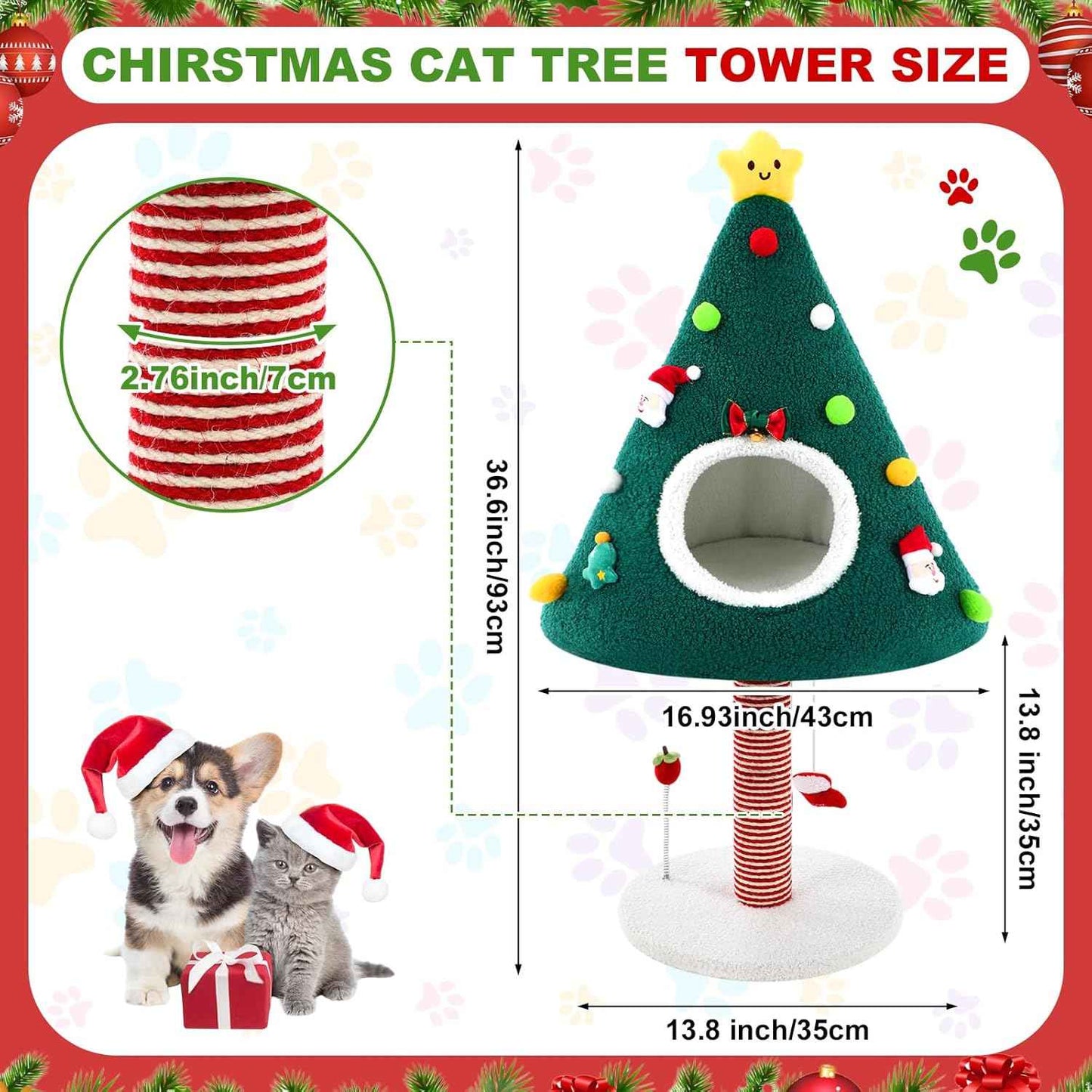 Dansydaisy 36.6 Inch Christmas Cat Tower with Cat Scratching Post and Green House Scratcher Tall Tree Tower Nature Sisal Christmas Tree Scratcher Activity Center Play Condo for Indoor